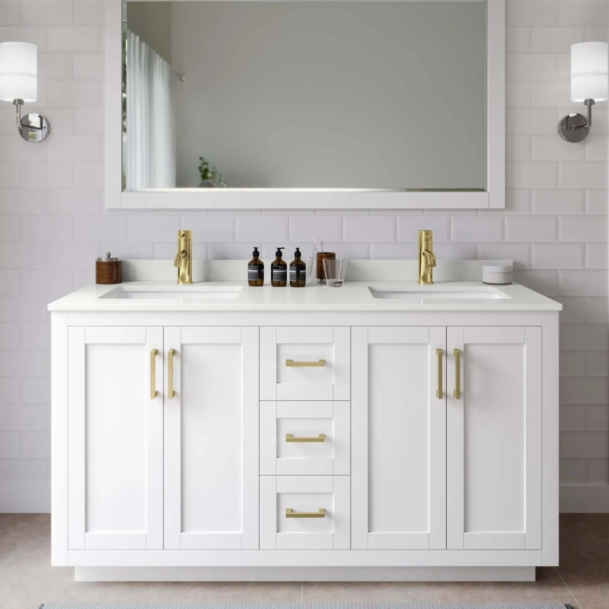 60" Miranda Double Bathroom Vanity in White with Brushed Gold Trim & 58" Mirror by Wyndham
