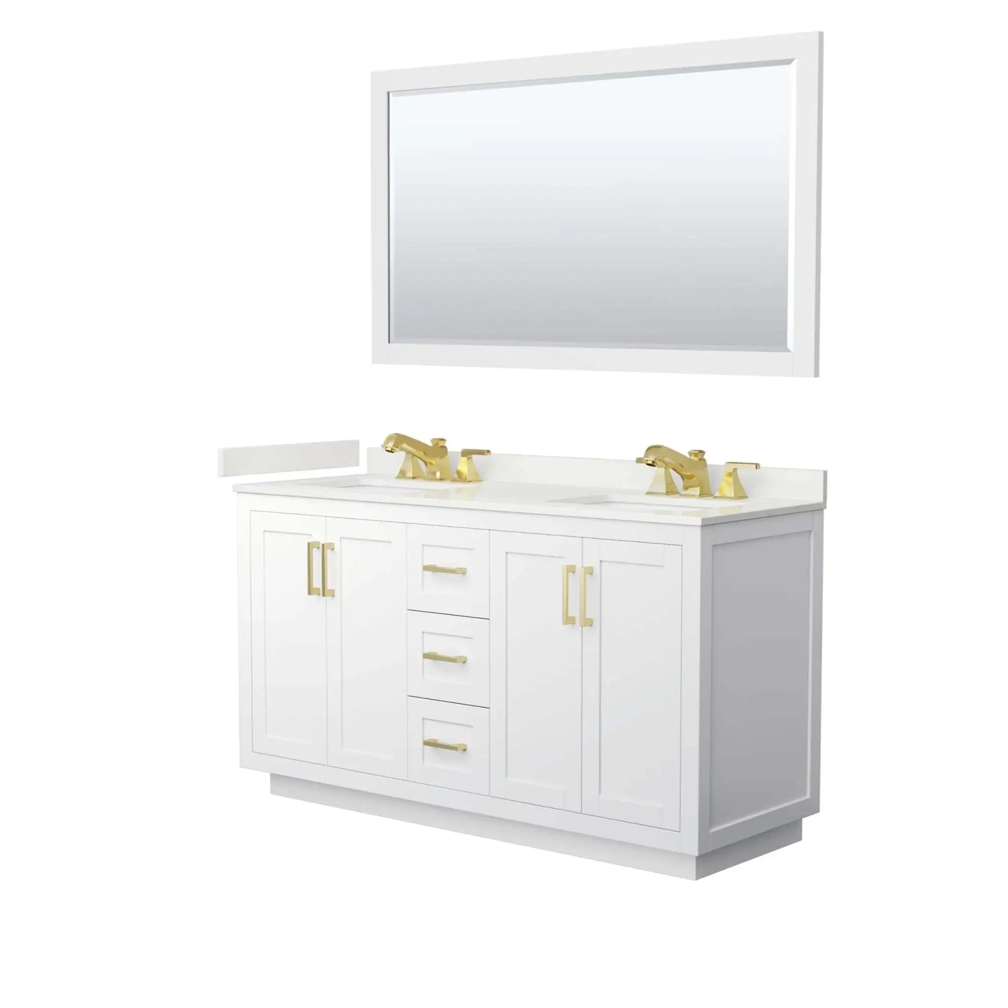 60" Miranda Double Bathroom Vanity in White with Brushed Gold Trim & 58" Mirror by Wyndham
