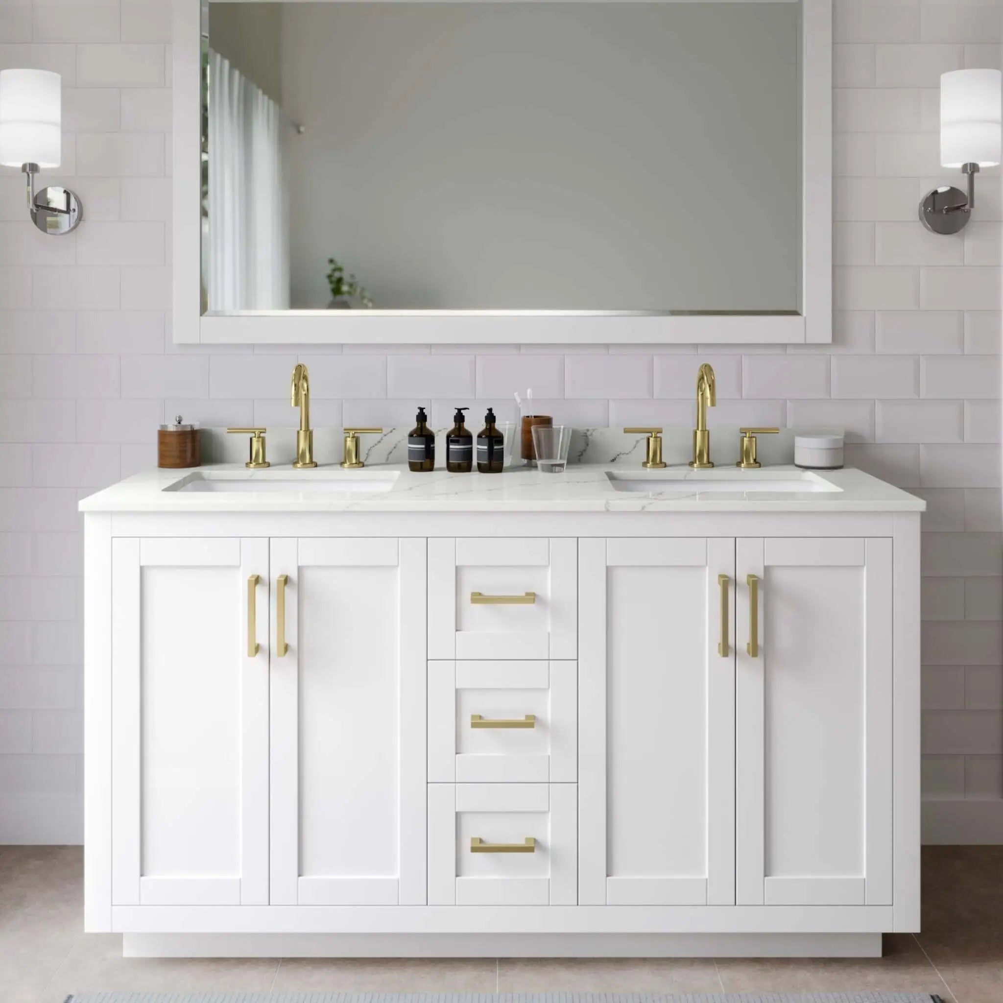 60" Miranda Double Bathroom Vanity in White with Brushed Gold Trim by Wyndham