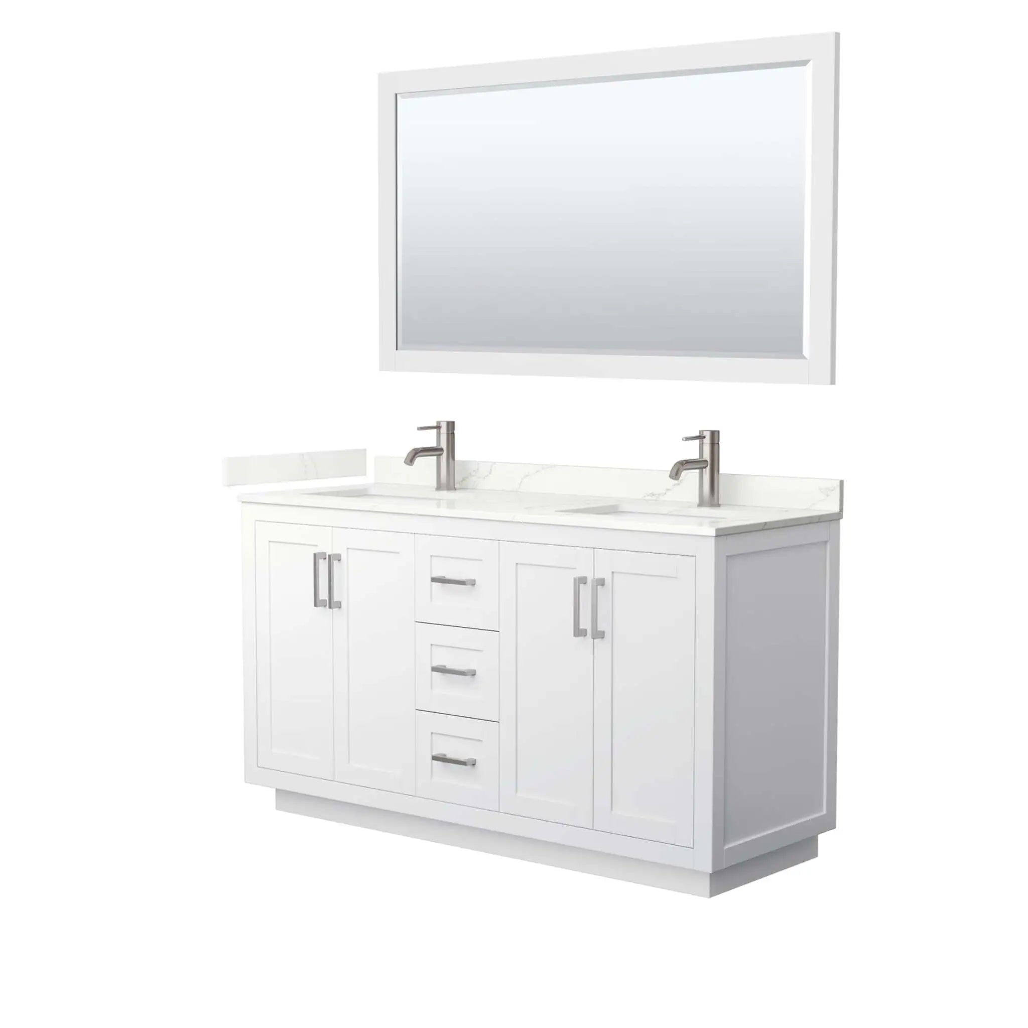 60" Miranda Double Bathroom Vanity in White with Brushed Nickel Trim & 58" Mirror by Wyndham