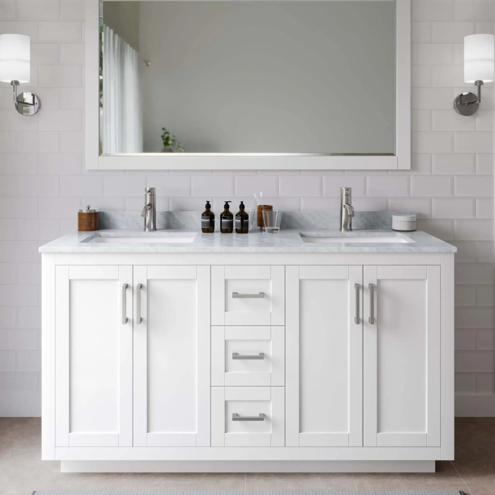 60" Miranda Double Bathroom Vanity in White with Brushed Nickel Trim & 58" Mirror by Wyndham
