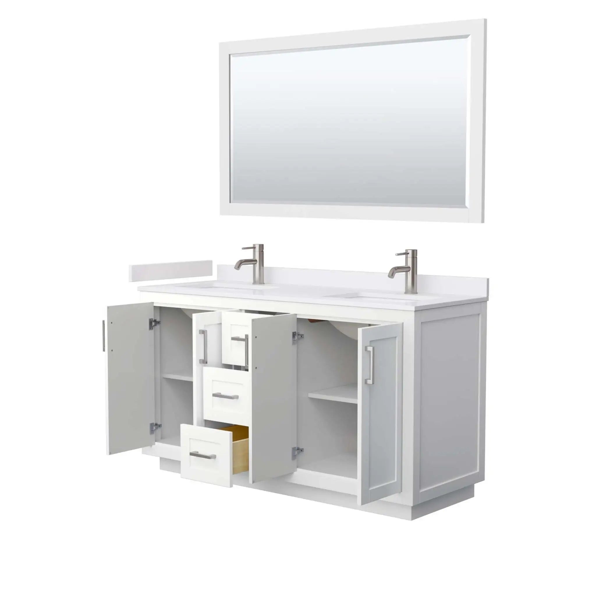 60" Miranda Double Bathroom Vanity in White with Brushed Nickel Trim & 58" Mirror by Wyndham