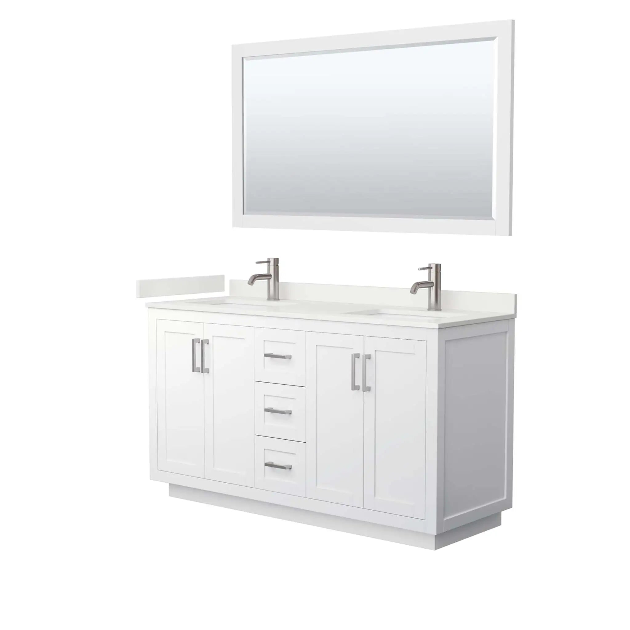 60" Miranda Double Bathroom Vanity in White with Brushed Nickel Trim & 58" Mirror by Wyndham