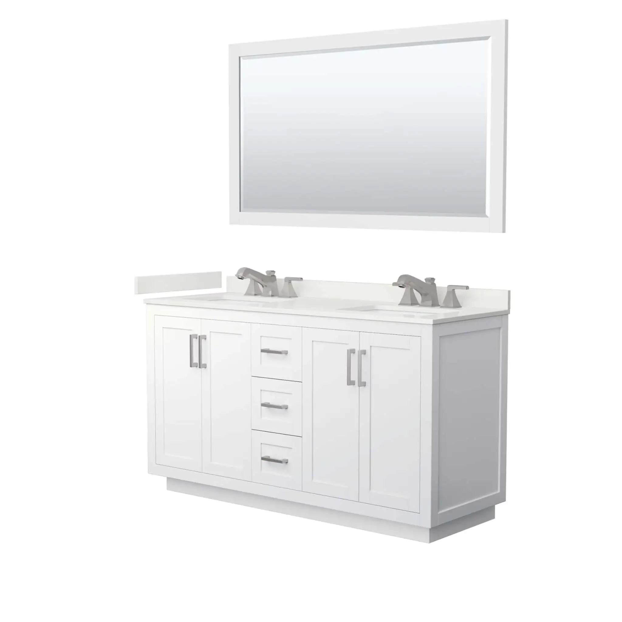 60" Miranda Double Bathroom Vanity in White with Brushed Nickel Trim & 58" Mirror by Wyndham