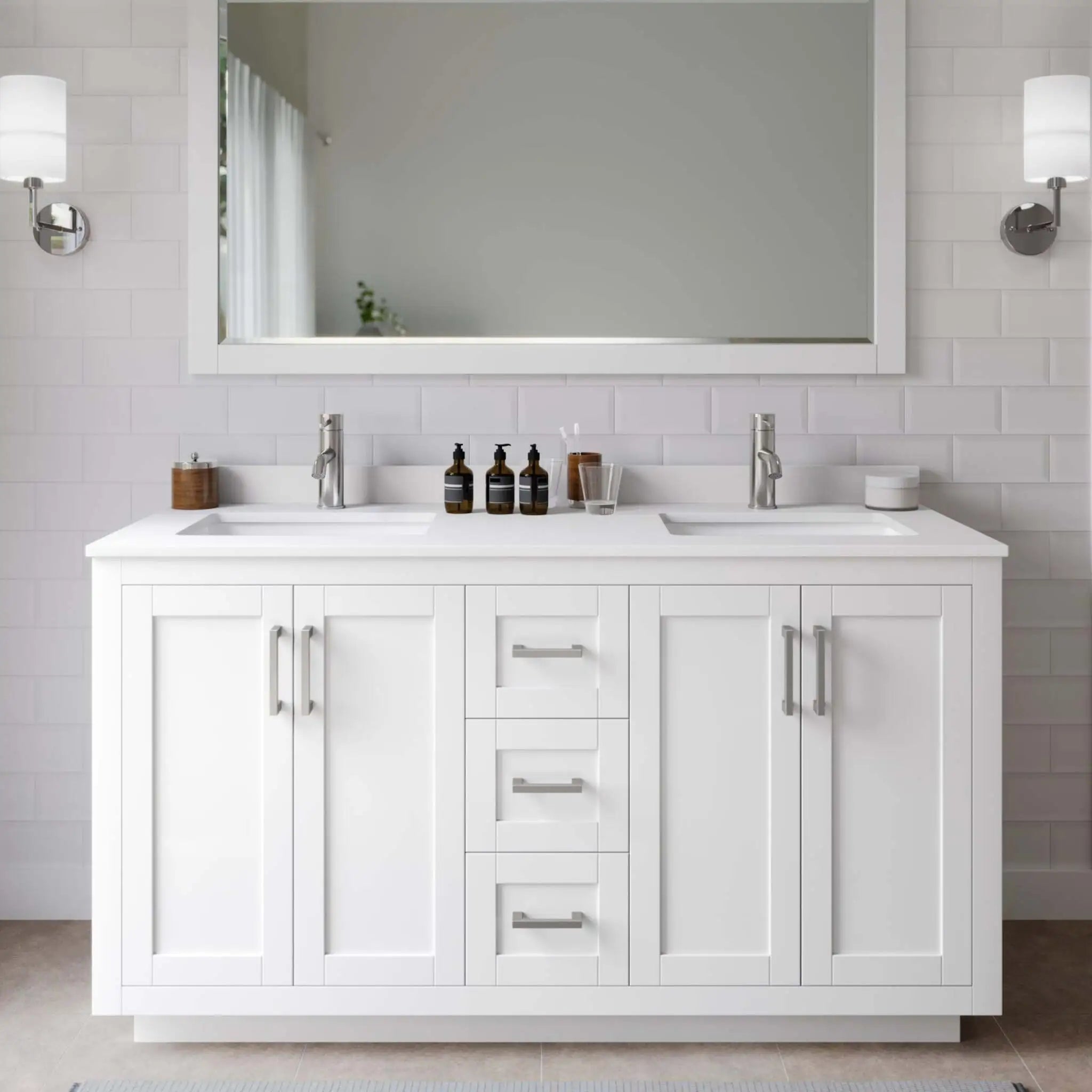 60" Miranda Double Bathroom Vanity in White with Brushed Nickel Trim by Wyndham