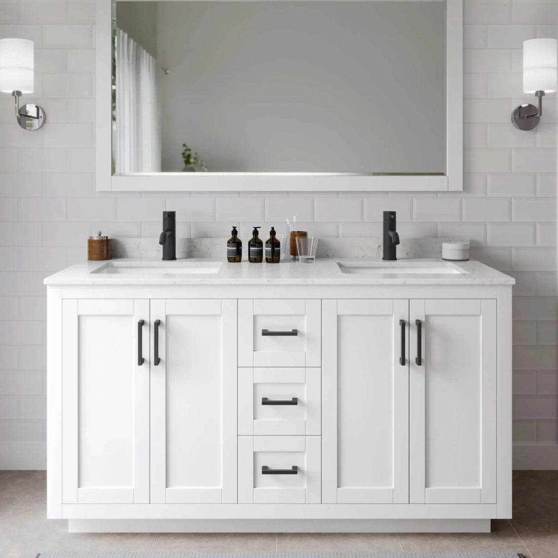 60" Miranda Double Bathroom Vanity in White with Matte Black Trim & 58" Mirror by Wyndham