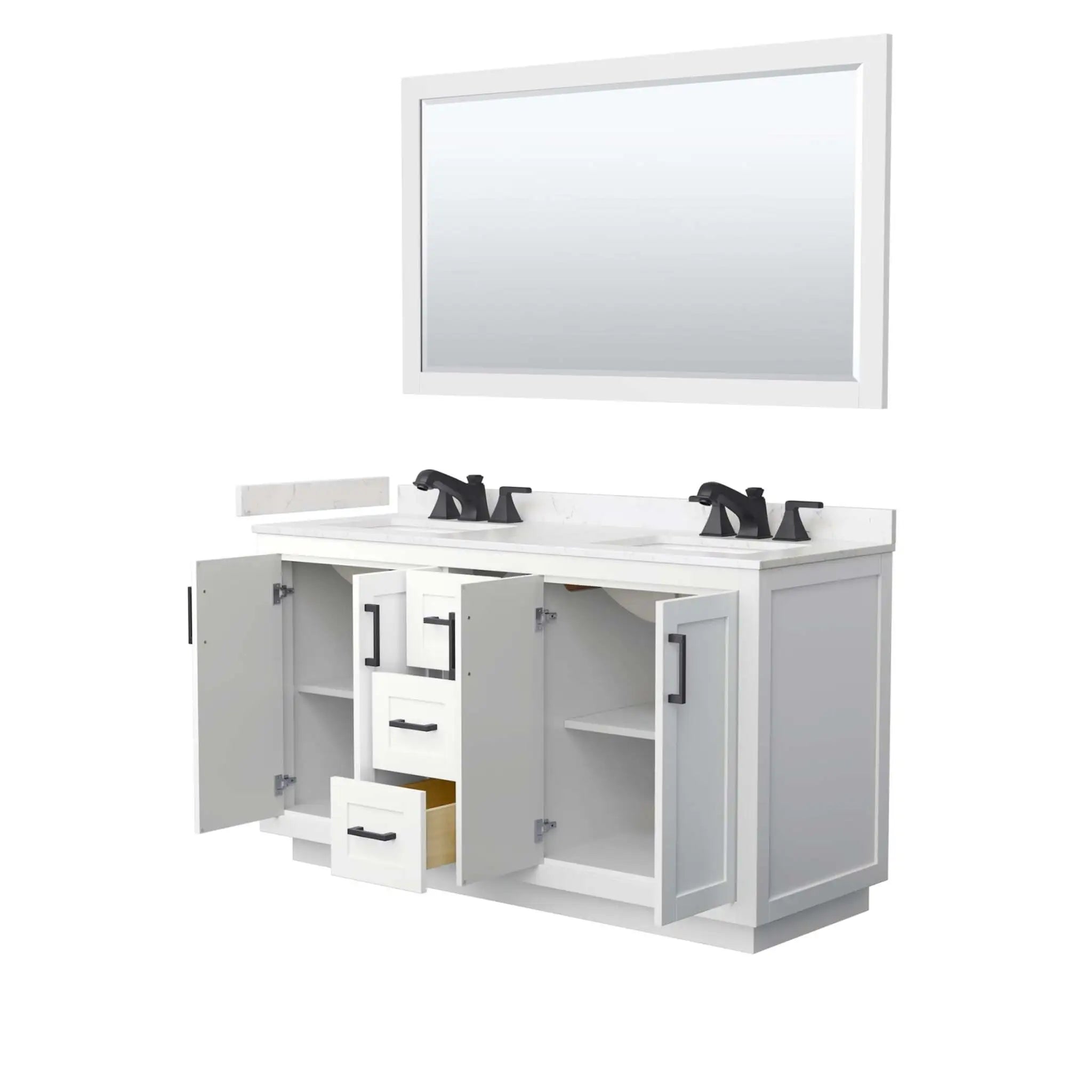 60" Miranda Double Bathroom Vanity in White with Matte Black Trim & 58" Mirror by Wyndham