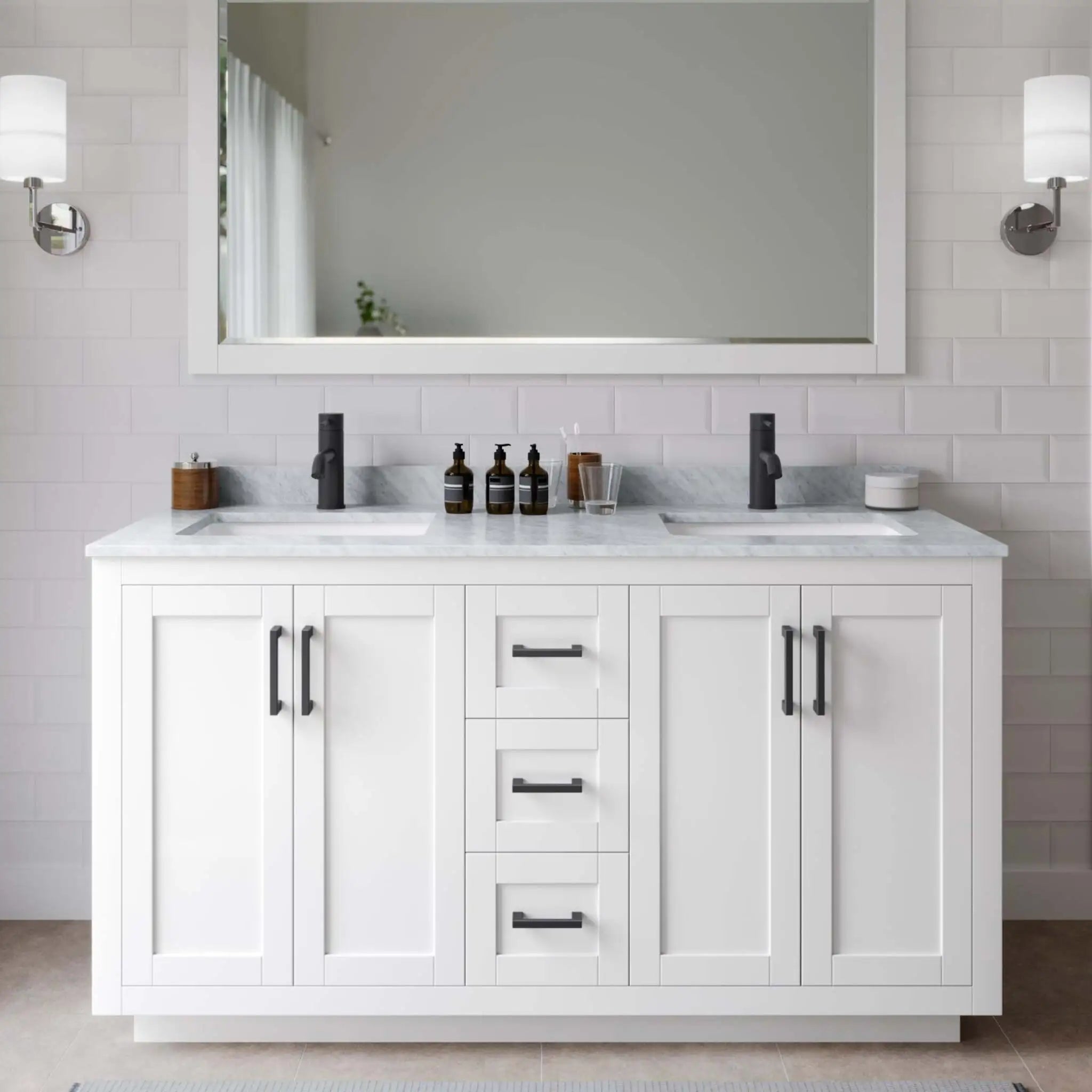 60" Miranda Double Bathroom Vanity in White with Matte Black Trim & 58" Mirror by Wyndham