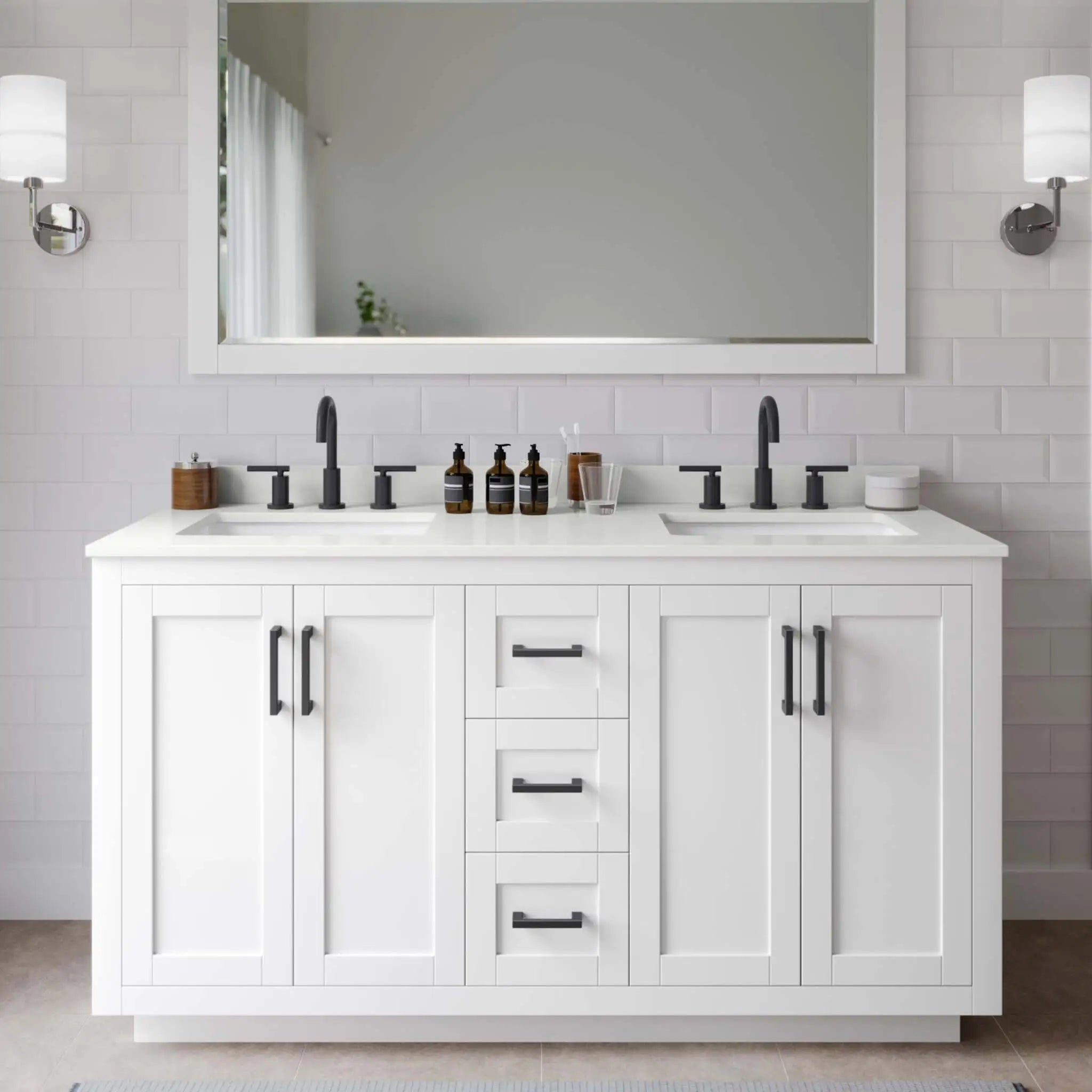 60" Miranda Double Bathroom Vanity in White with Matte Black Trim & 58" Mirror by Wyndham