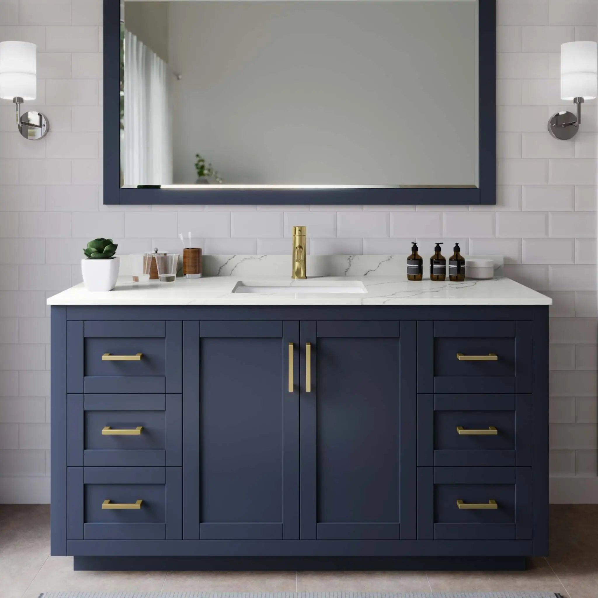 60" Miranda Single Bathroom Vanity in Dark Blue with Brushed Gold Trim & 58" Mirror by Wyndham