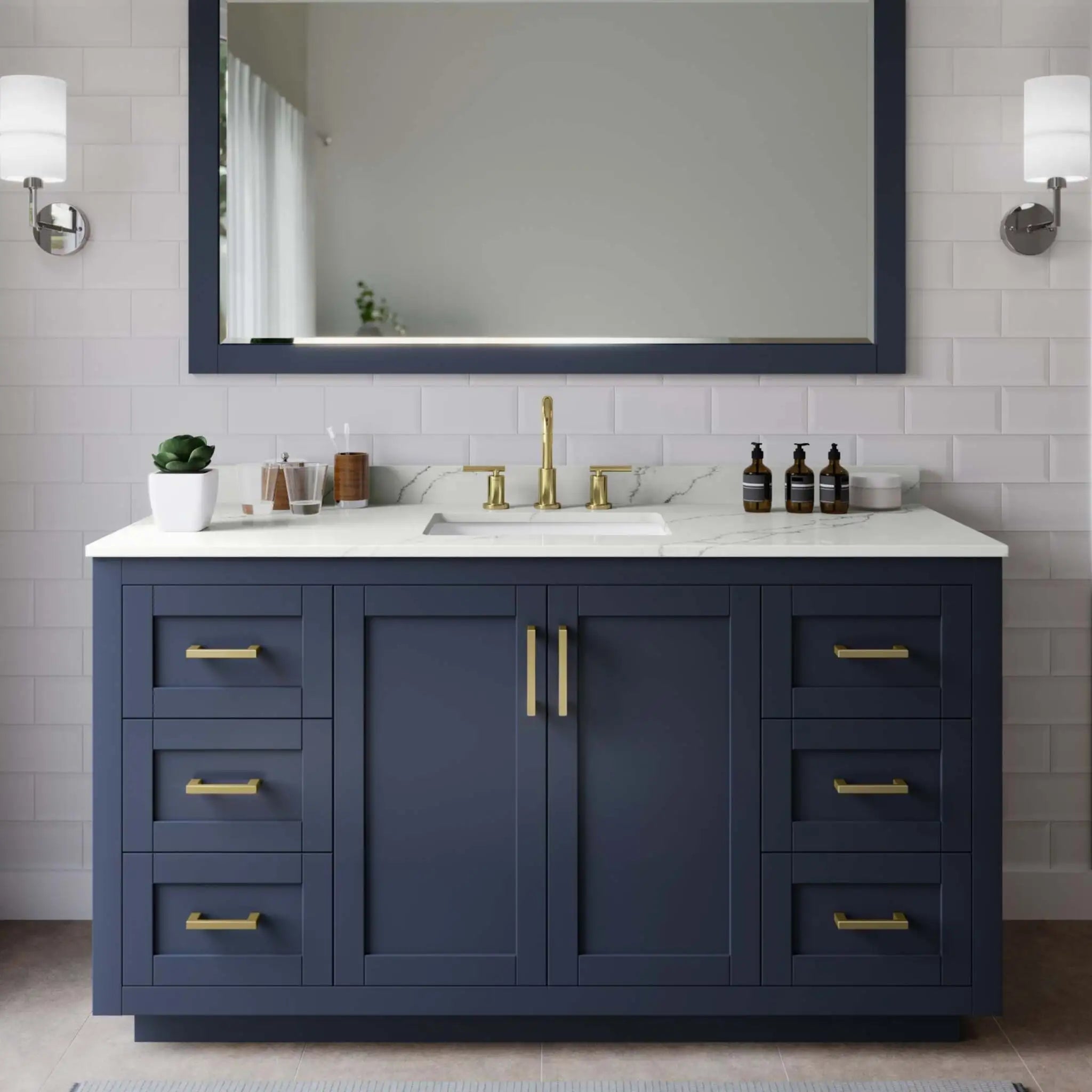 60" Miranda Single Bathroom Vanity in Dark Blue with Brushed Gold Trim & 58" Mirror by Wyndham