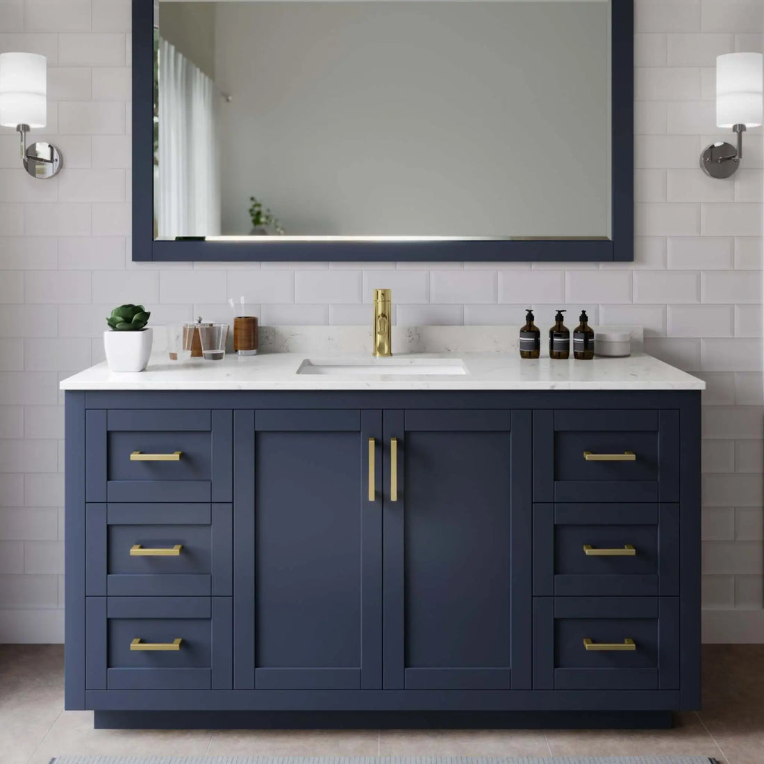 60" Miranda Single Bathroom Vanity in Dark Blue with Brushed Gold Trim by Wyndham