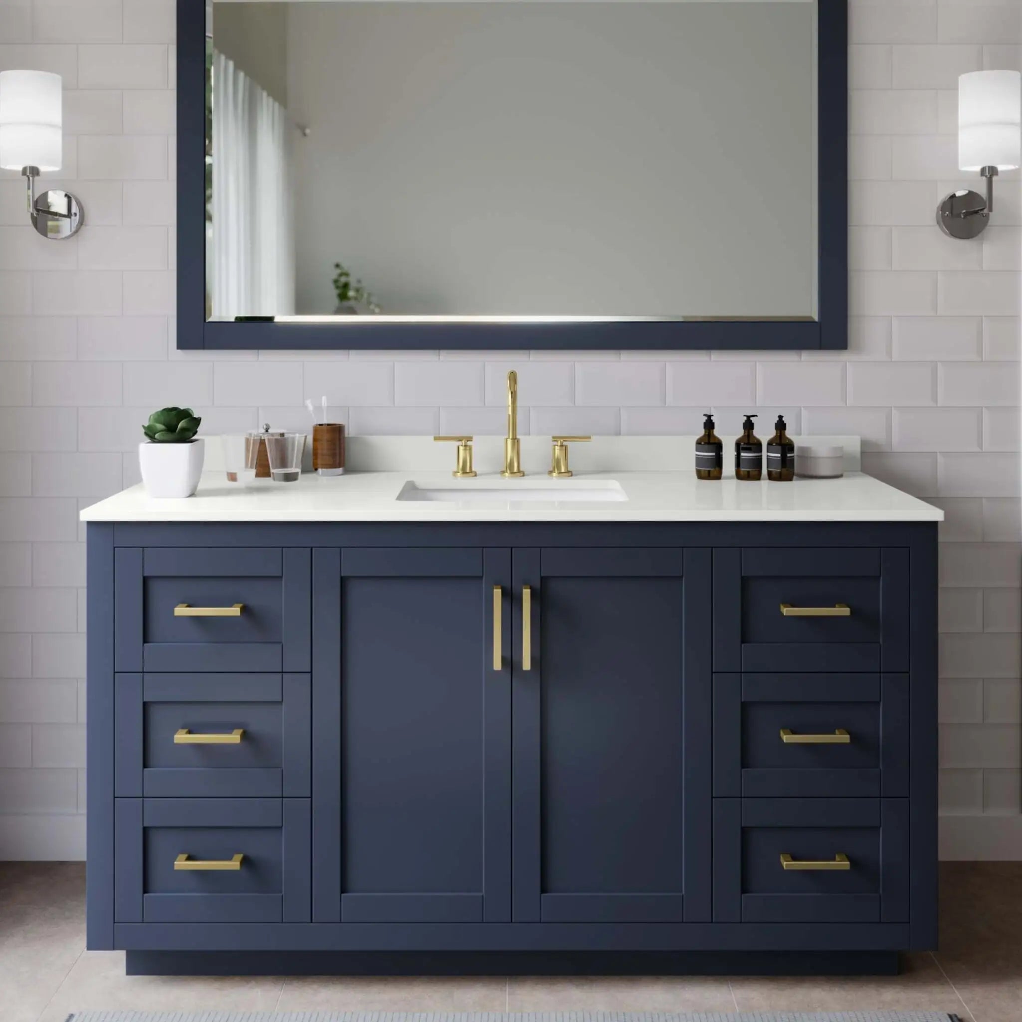 60" Miranda Single Bathroom Vanity in Dark Blue with Brushed Gold Trim by Wyndham