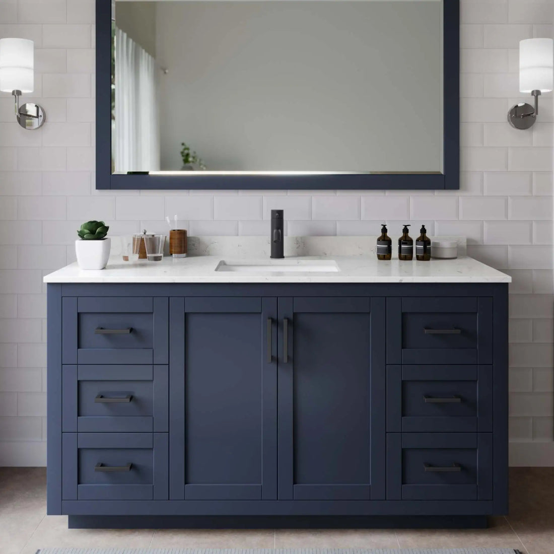 60" Miranda Single Bathroom Vanity in Dark Blue with Matte Black Trim & 58" Mirror by Wyndham