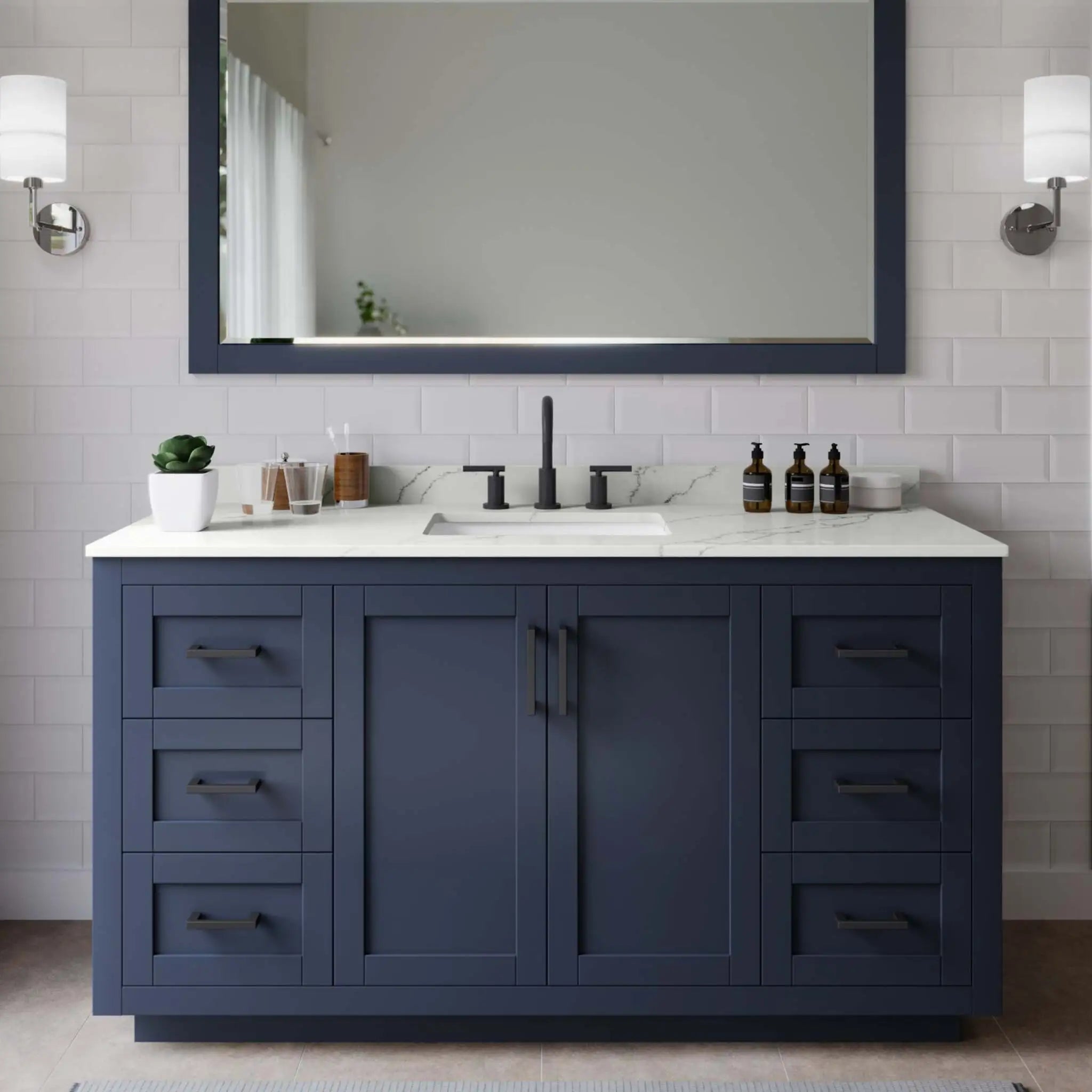 60" Miranda Single Bathroom Vanity in Dark Blue with Matte Black Trim & 58" Mirror by Wyndham