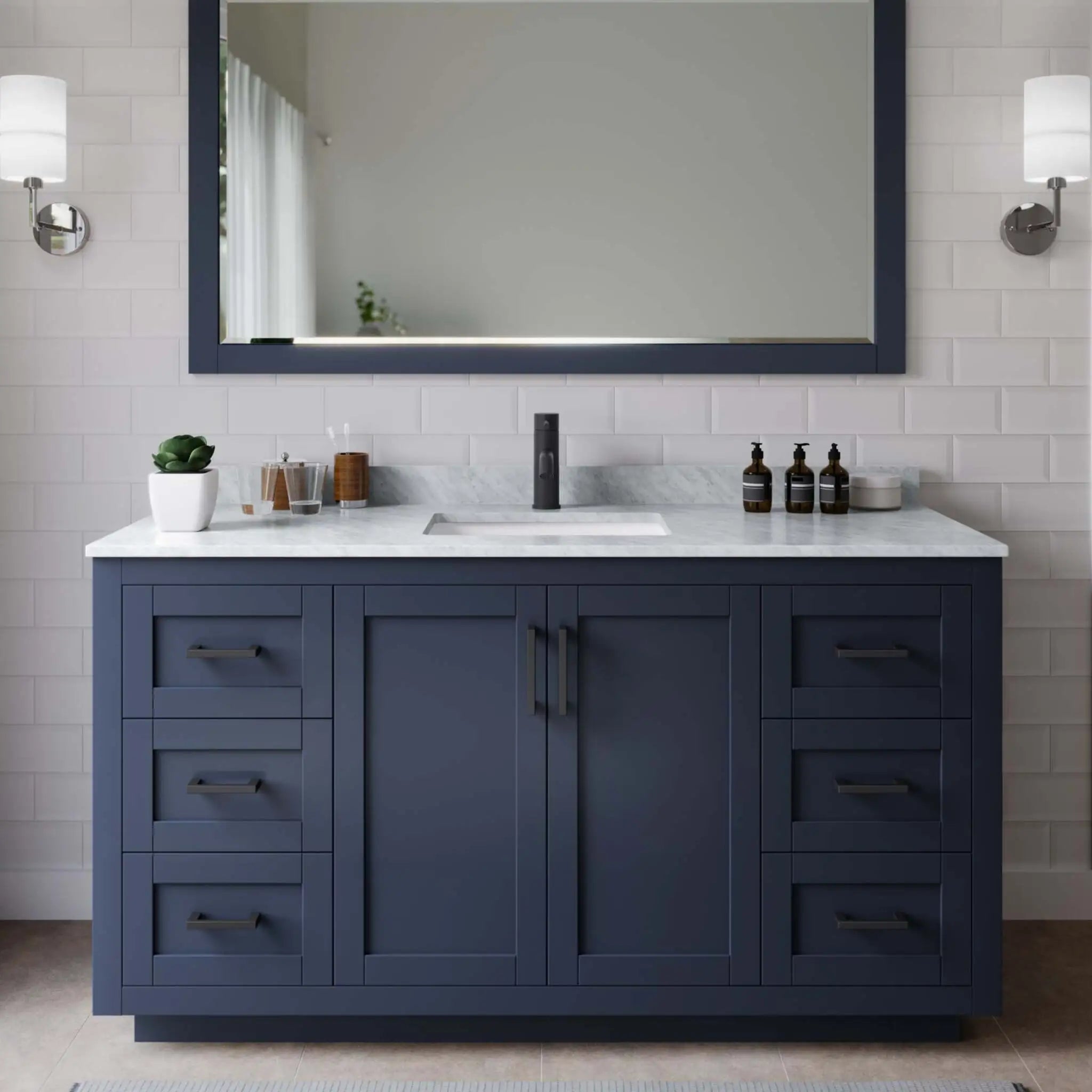 60" Miranda Single Bathroom Vanity in Dark Blue with Matte Black Trim & 58" Mirror by Wyndham