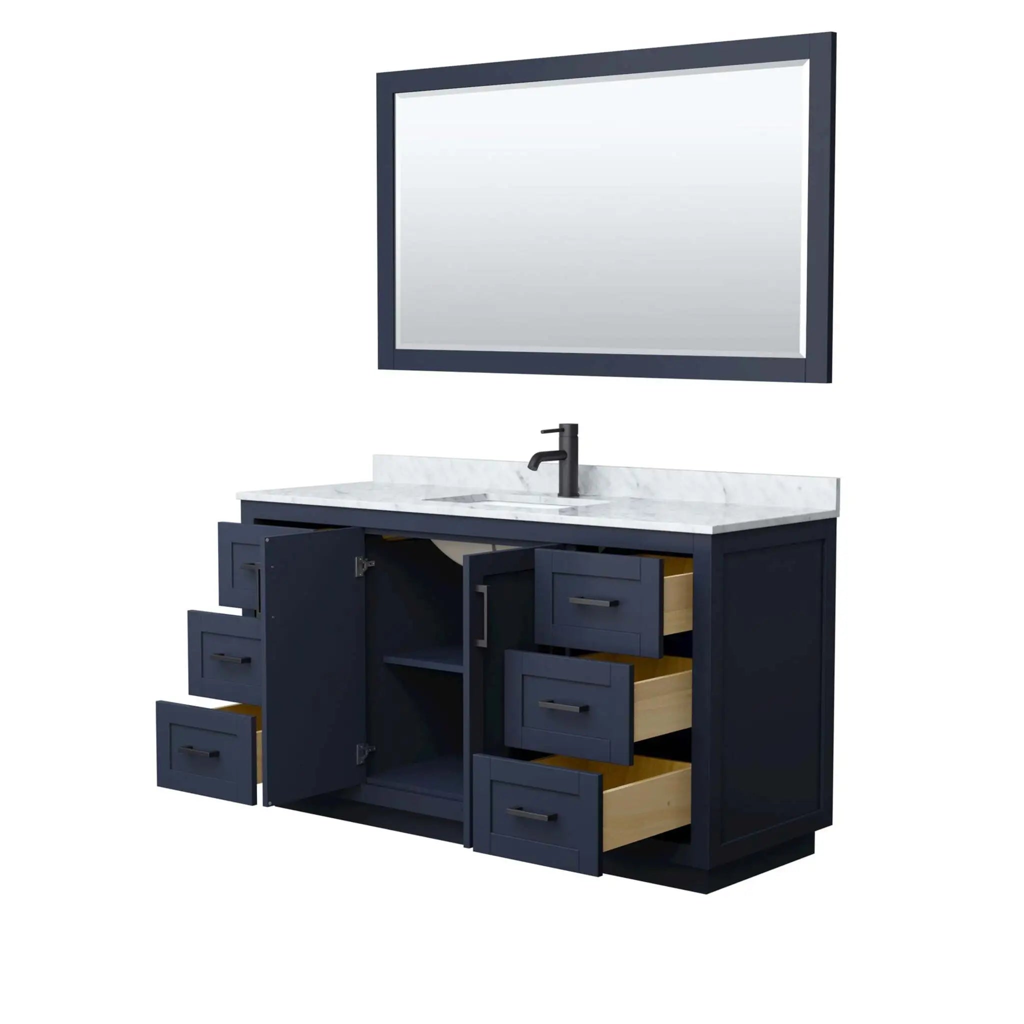 60" Miranda Single Bathroom Vanity in Dark Blue with Matte Black Trim & 58" Mirror by Wyndham