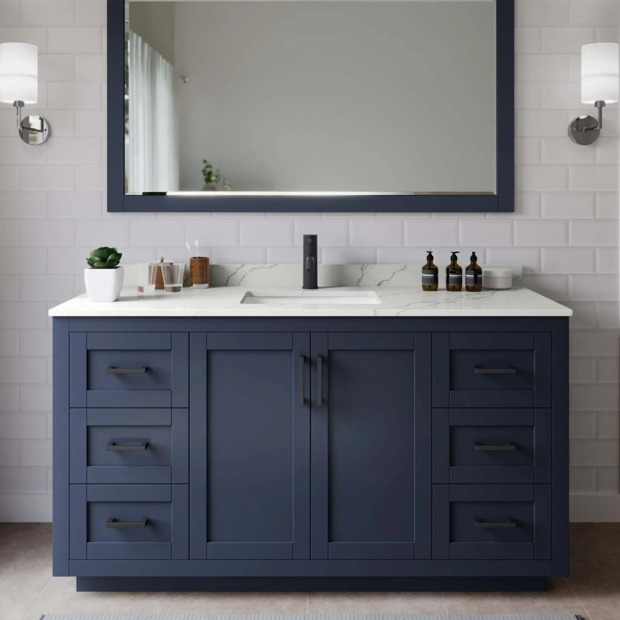 60" Miranda Single Bathroom Vanity in Dark Blue with Matte Black Trim by Wyndham