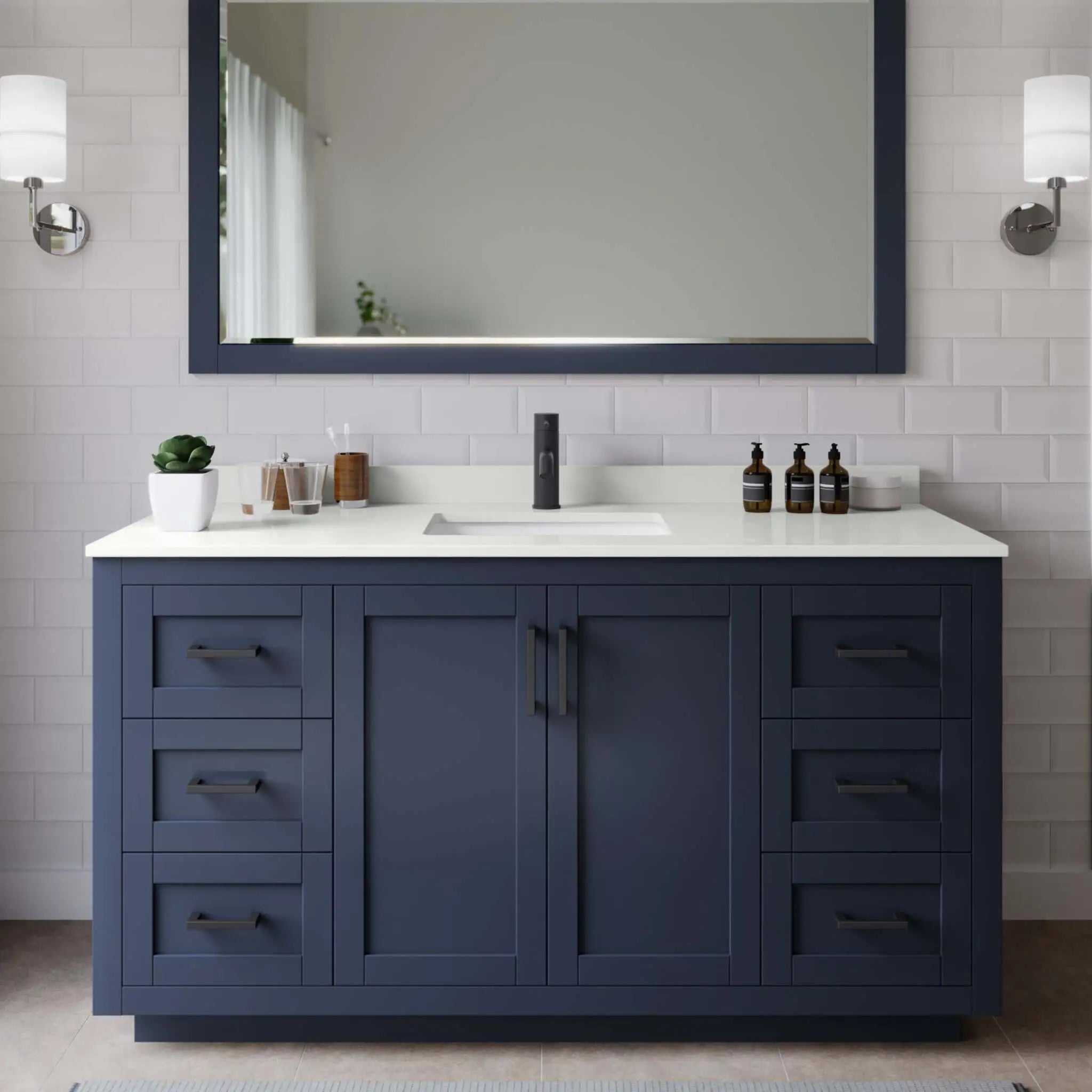 60" Miranda Single Bathroom Vanity in Dark Blue with Matte Black Trim by Wyndham
