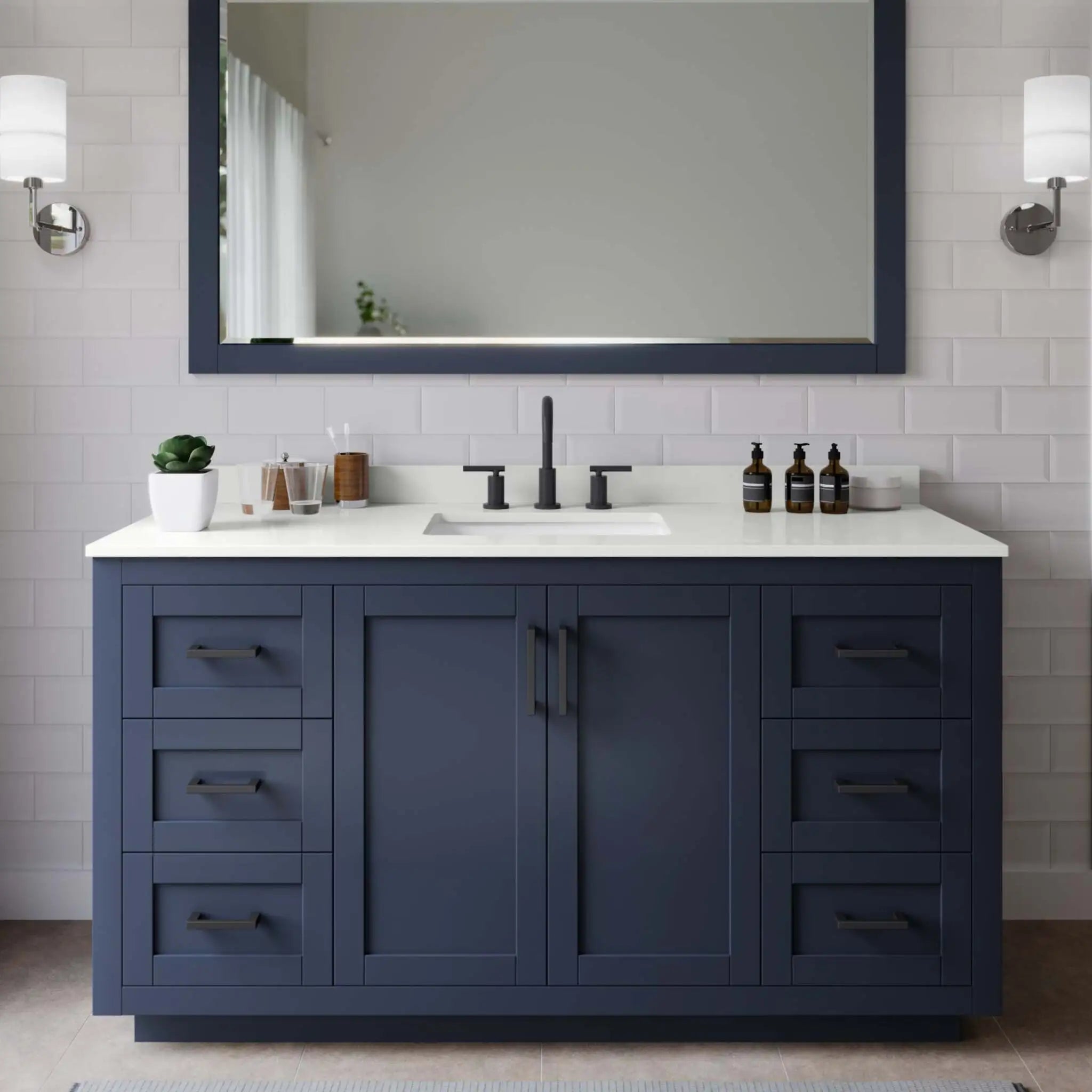 60" Miranda Single Bathroom Vanity in Dark Blue with Matte Black Trim by Wyndham