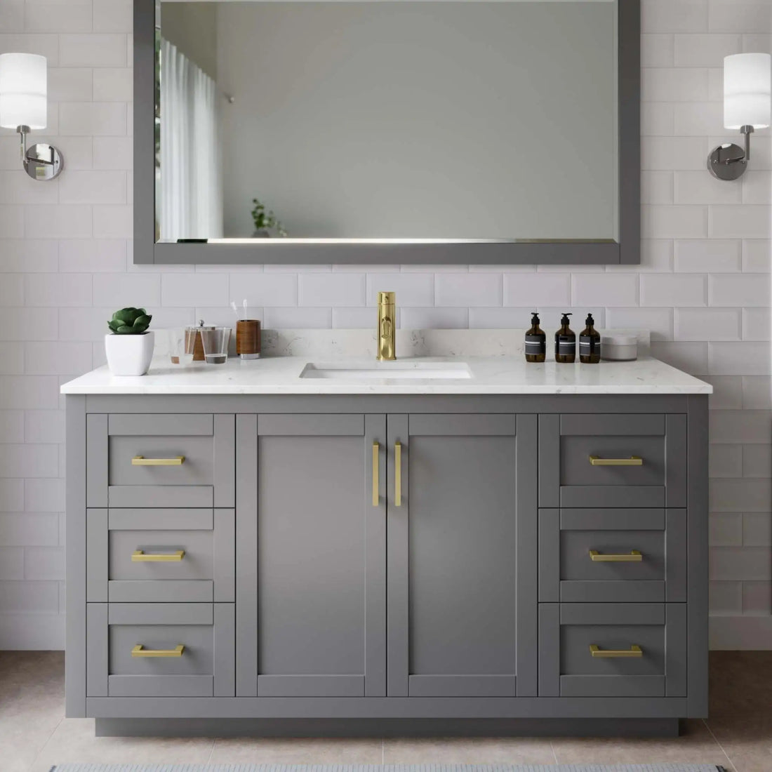 60" Miranda Single Bathroom Vanity in Dark Gray with Brushed Gold Trim & 58" Mirror by Wyndham