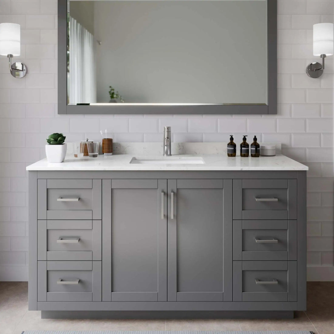 60" Miranda Single Bathroom Vanity in Dark Gray with Brushed Nickel Trim & 58" Mirror by Wyndham