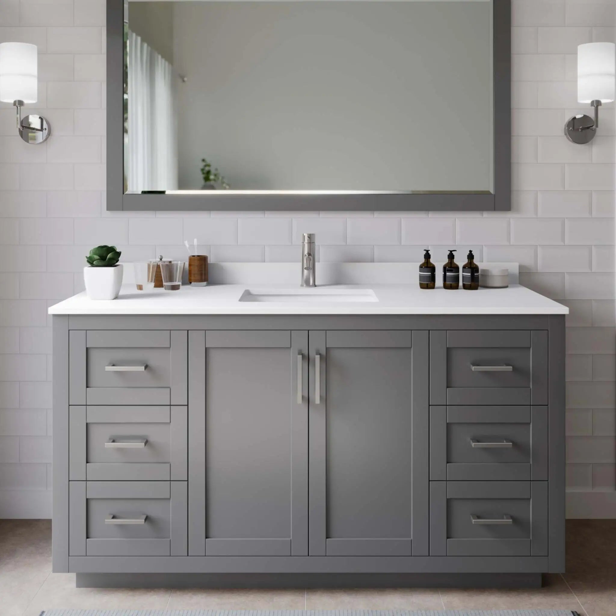 60" Miranda Single Bathroom Vanity in Dark Gray with Brushed Nickel Trim & 58" Mirror by Wyndham