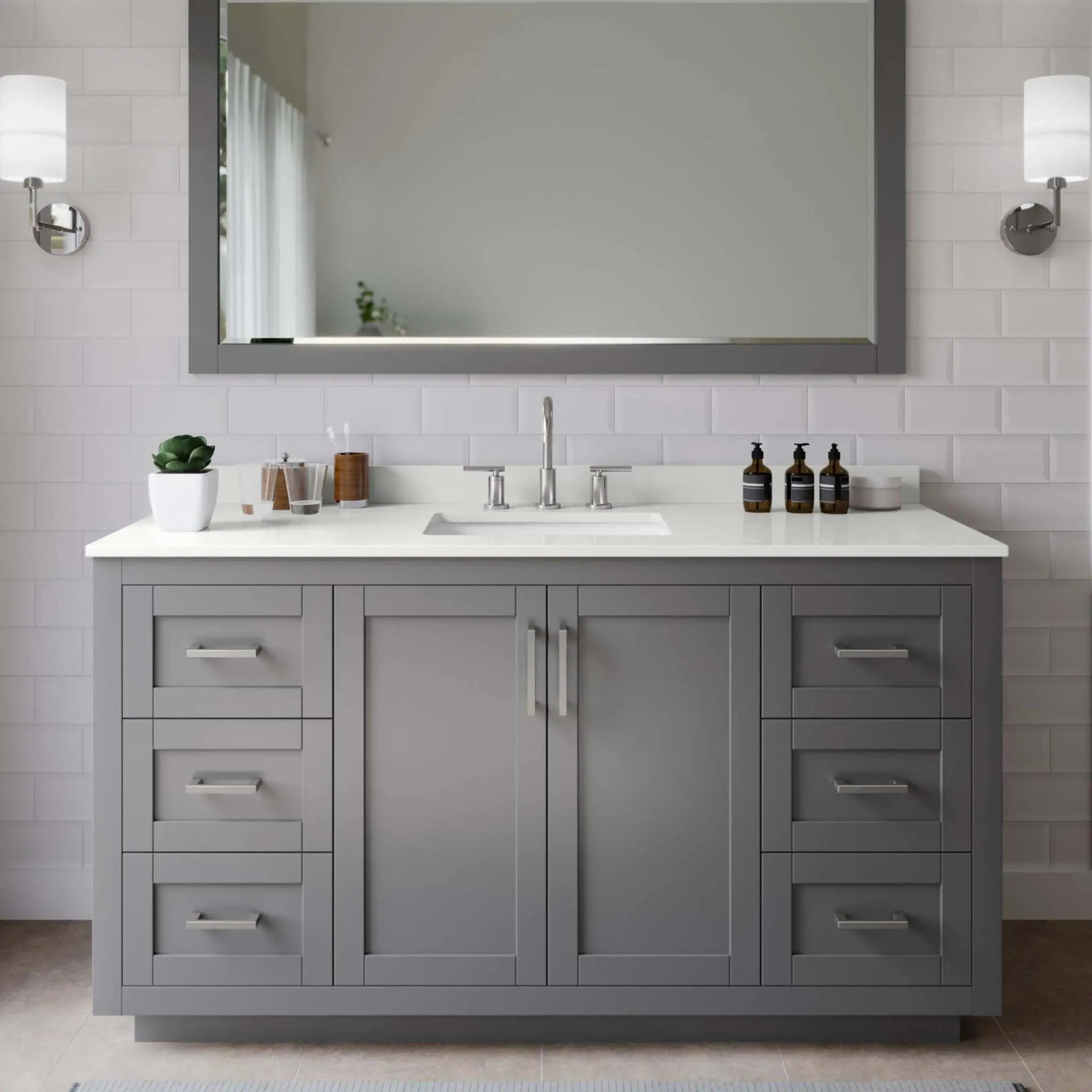 60" Miranda Single Bathroom Vanity in Dark Gray with Brushed Nickel Trim & 58" Mirror by Wyndham