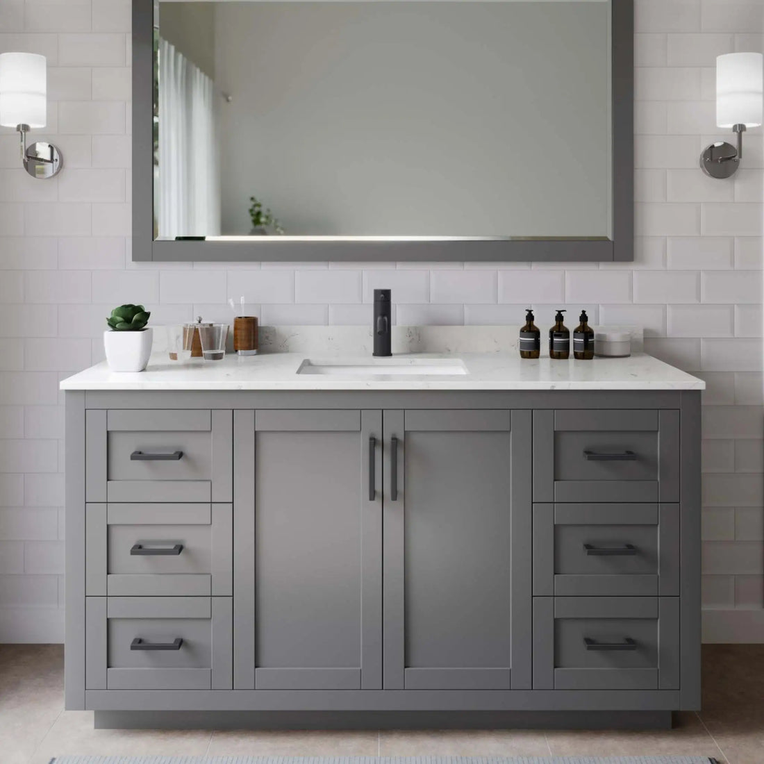 60" Miranda Single Bathroom Vanity in Dark Gray with Matte Black Trim & 58" Mirror by Wyndham