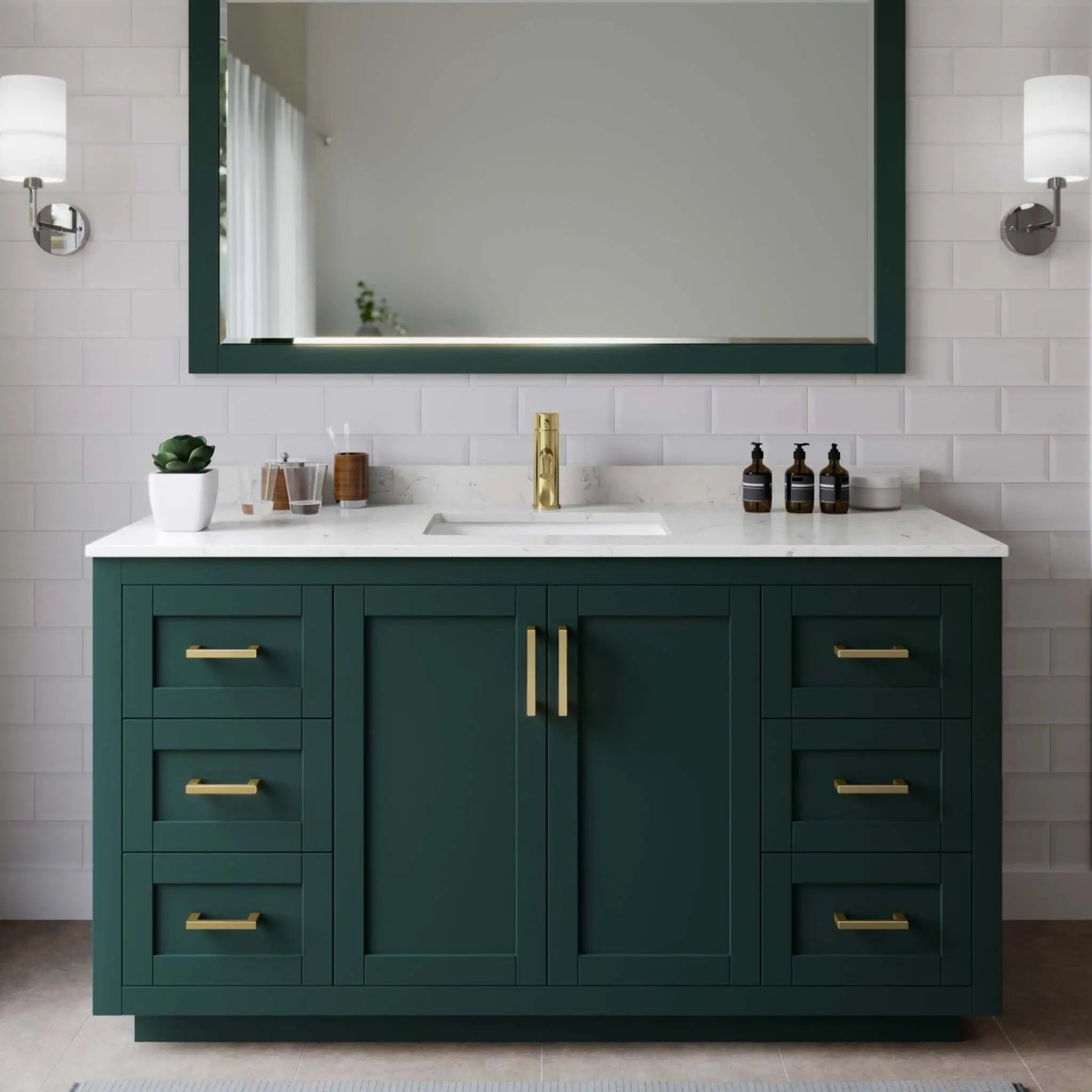60" Miranda Single Bathroom Vanity in Green with Brushed Gold Trim & 58" Mirror by Wyndham