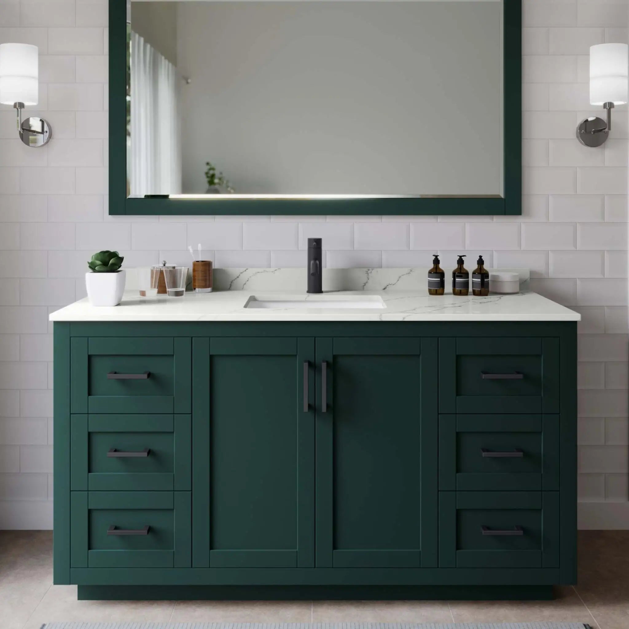 60" Miranda Single Bathroom Vanity in Green with Matte Black Trim & 58" Mirror by Wyndham