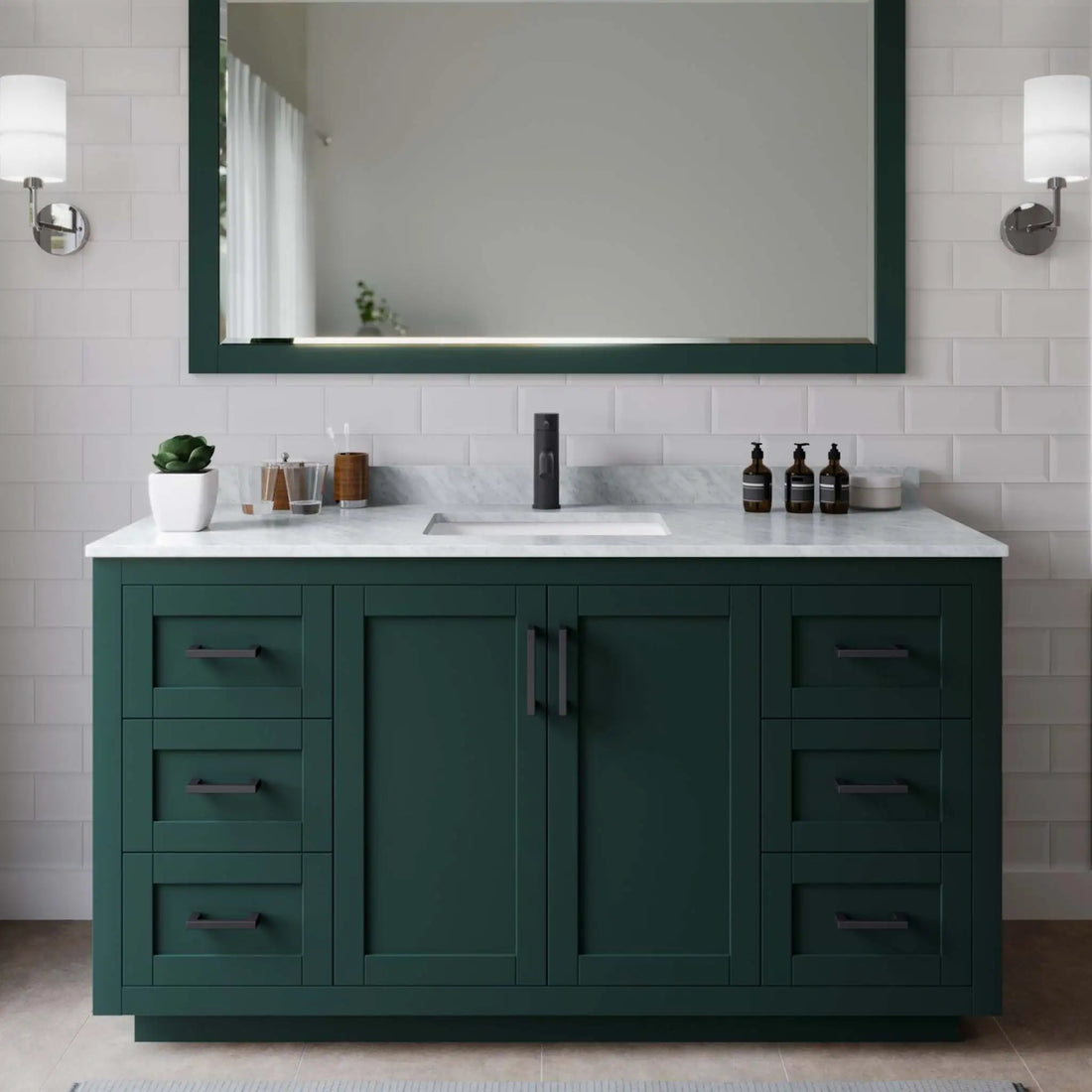 60" Miranda Single Bathroom Vanity in Green with Matte Black Trim & 58" Mirror by Wyndham