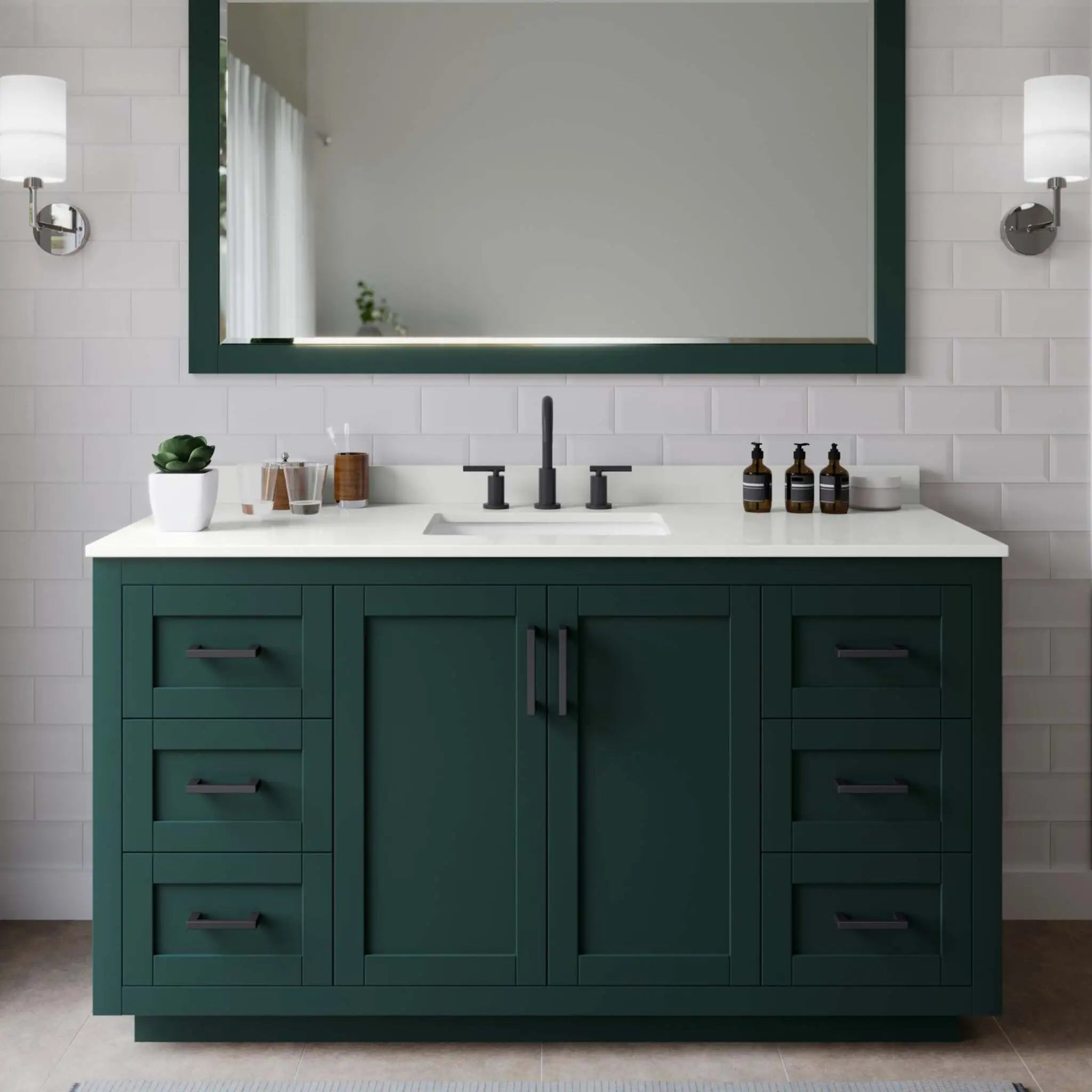 60" Miranda Single Bathroom Vanity in Green with Matte Black Trim & 58" Mirror by Wyndham