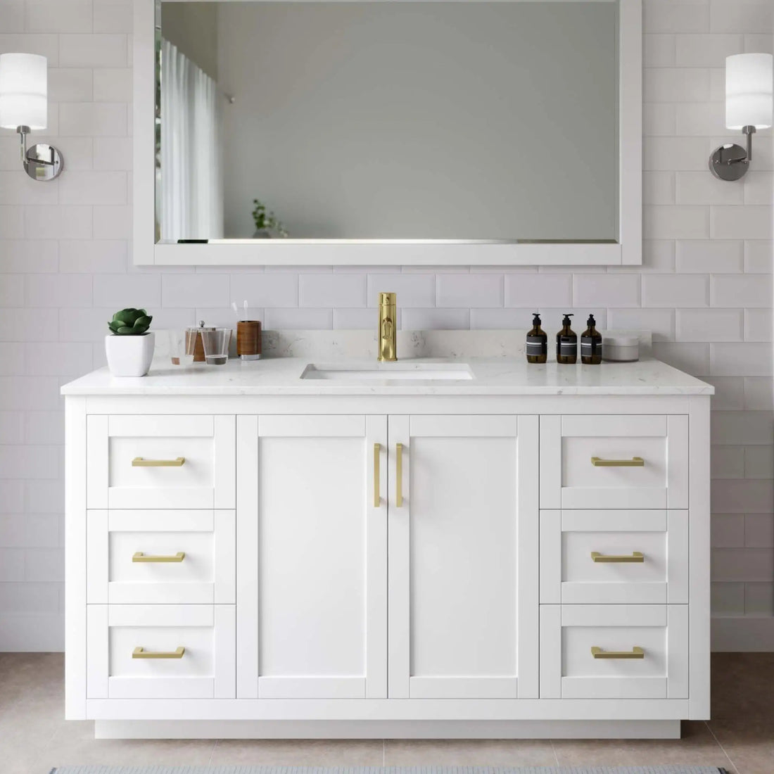 60" Miranda Single Bathroom Vanity in White with Brushed Gold Trim & 58" Mirror by Wyndham