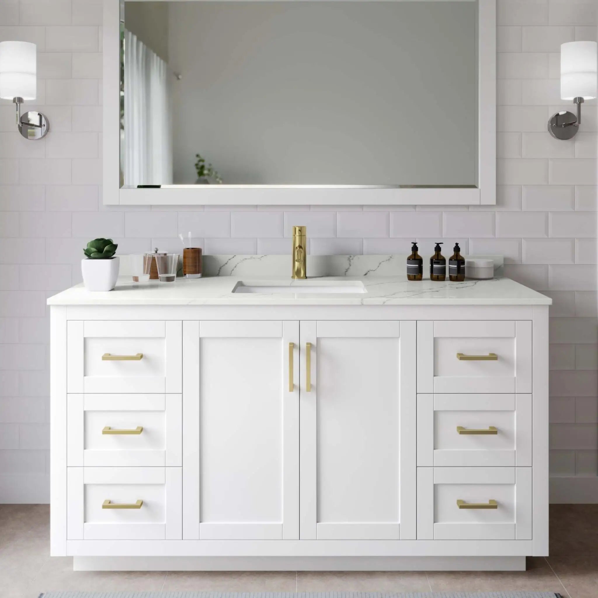 60" Miranda Single Bathroom Vanity in White with Brushed Gold Trim by Wyndham
