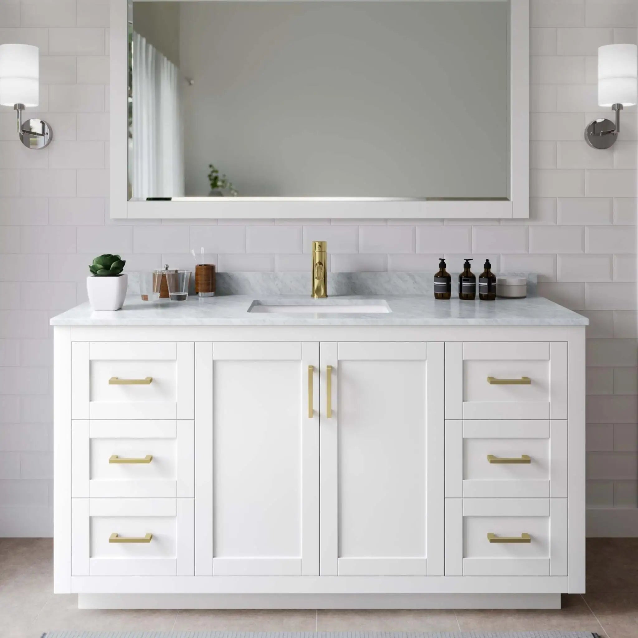 60" Miranda Single Bathroom Vanity in White with Brushed Gold Trim by Wyndham