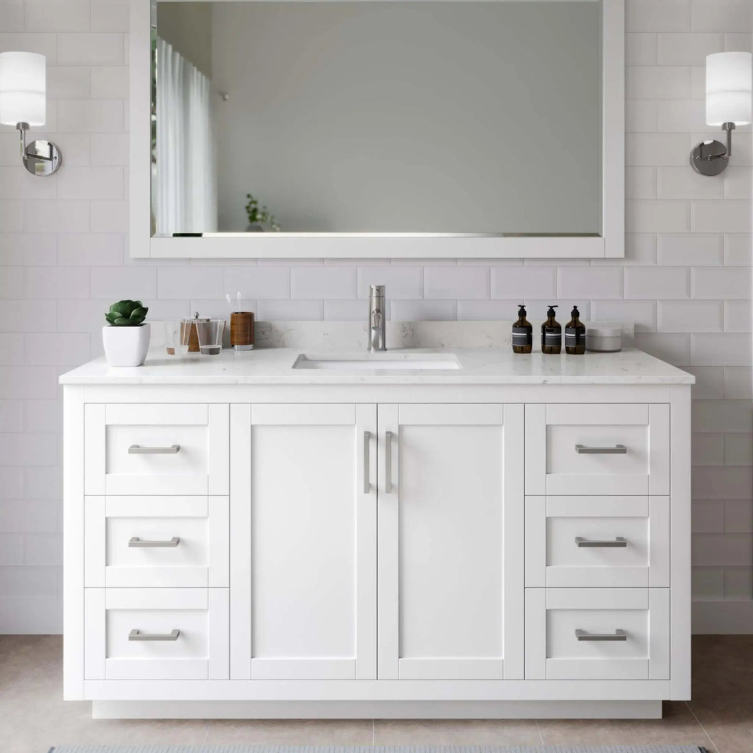 60" Miranda Single Bathroom Vanity in White with Brushed Nickel Trim & 58" Mirror by Wyndham