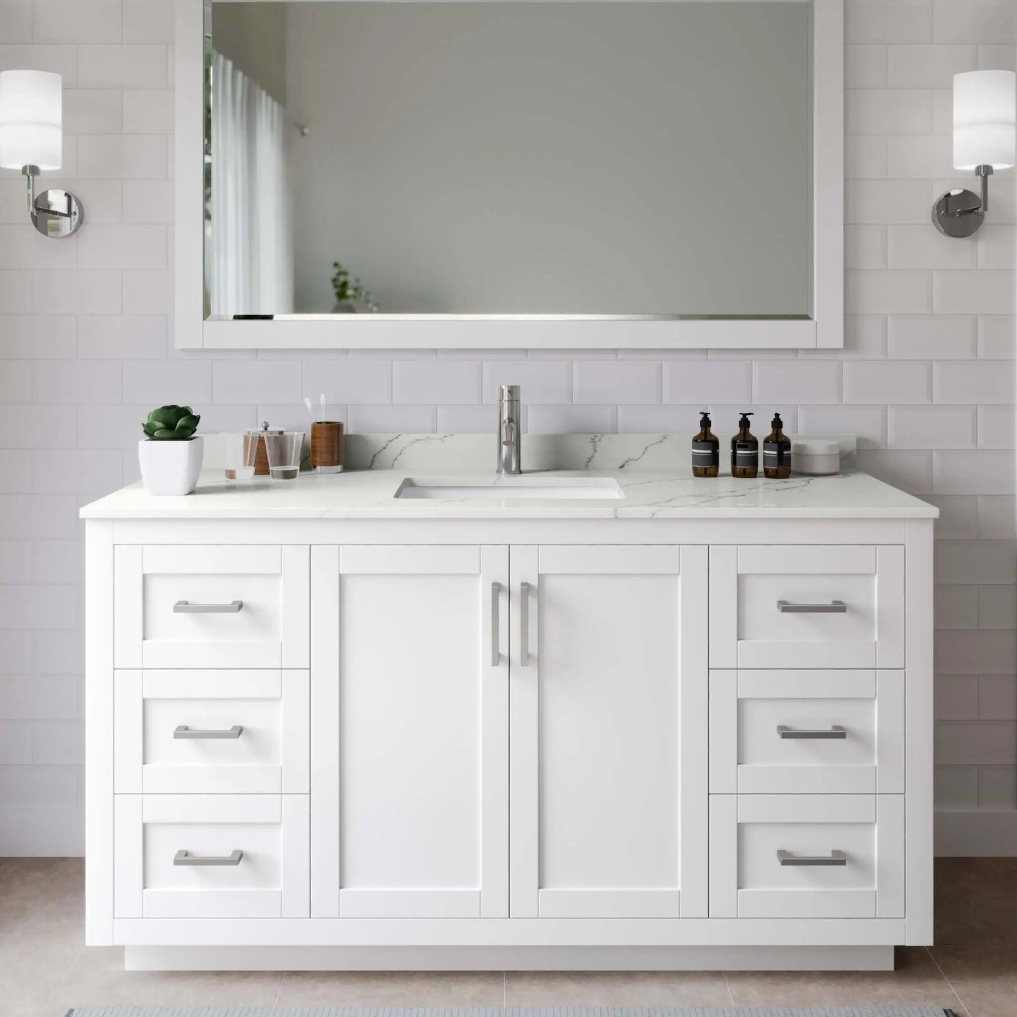 60" Miranda Single Bathroom Vanity in White with Brushed Nickel Trim & 58" Mirror by Wyndham