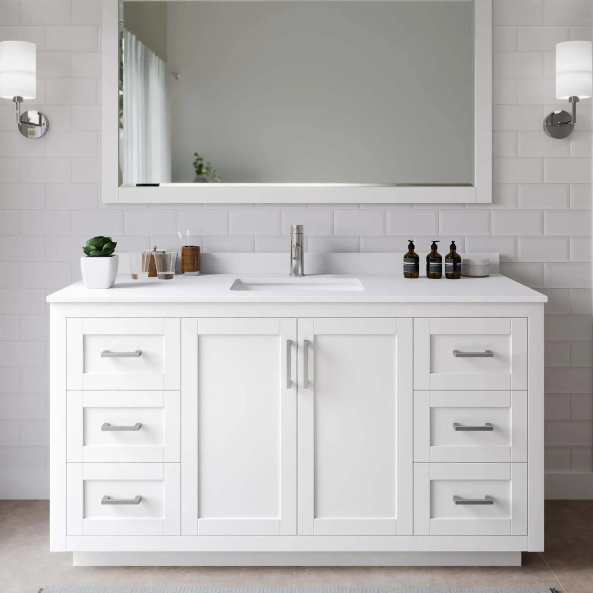 60" Miranda Single Bathroom Vanity in White with Brushed Nickel Trim & 58" Mirror by Wyndham