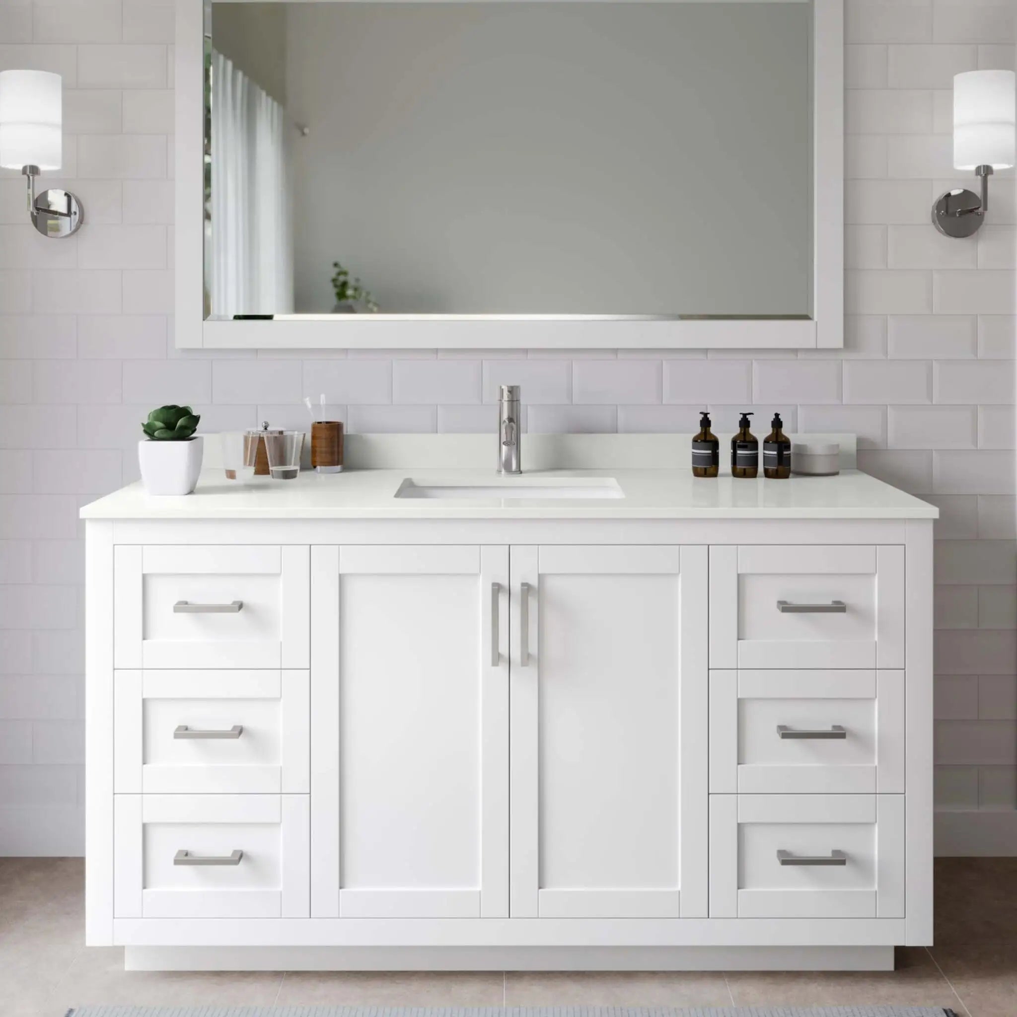 60" Miranda Single Bathroom Vanity in White with Brushed Nickel Trim & 58" Mirror by Wyndham