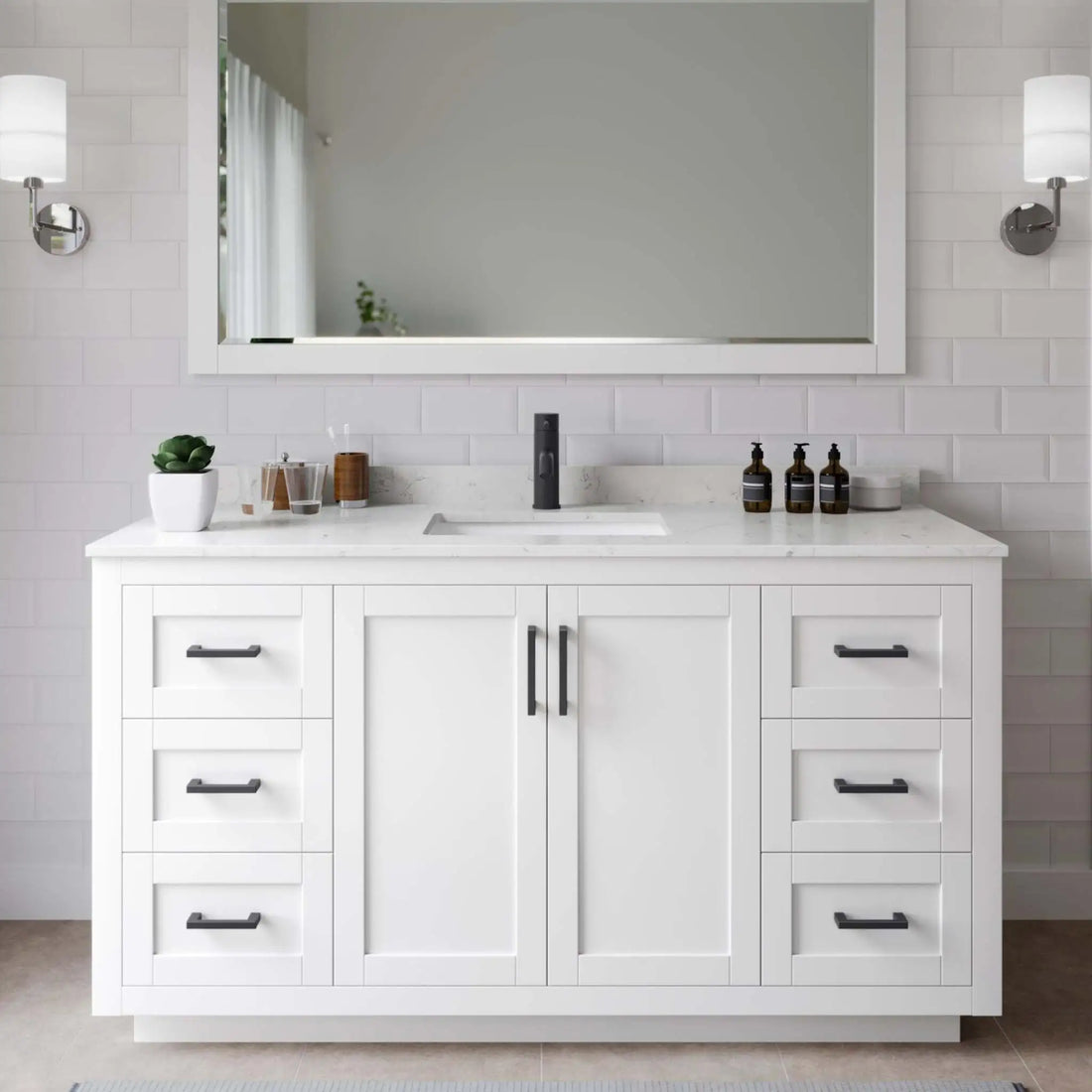 60" Miranda Single Bathroom Vanity in White with Matte Black Trim & 58" Mirror by Wyndham