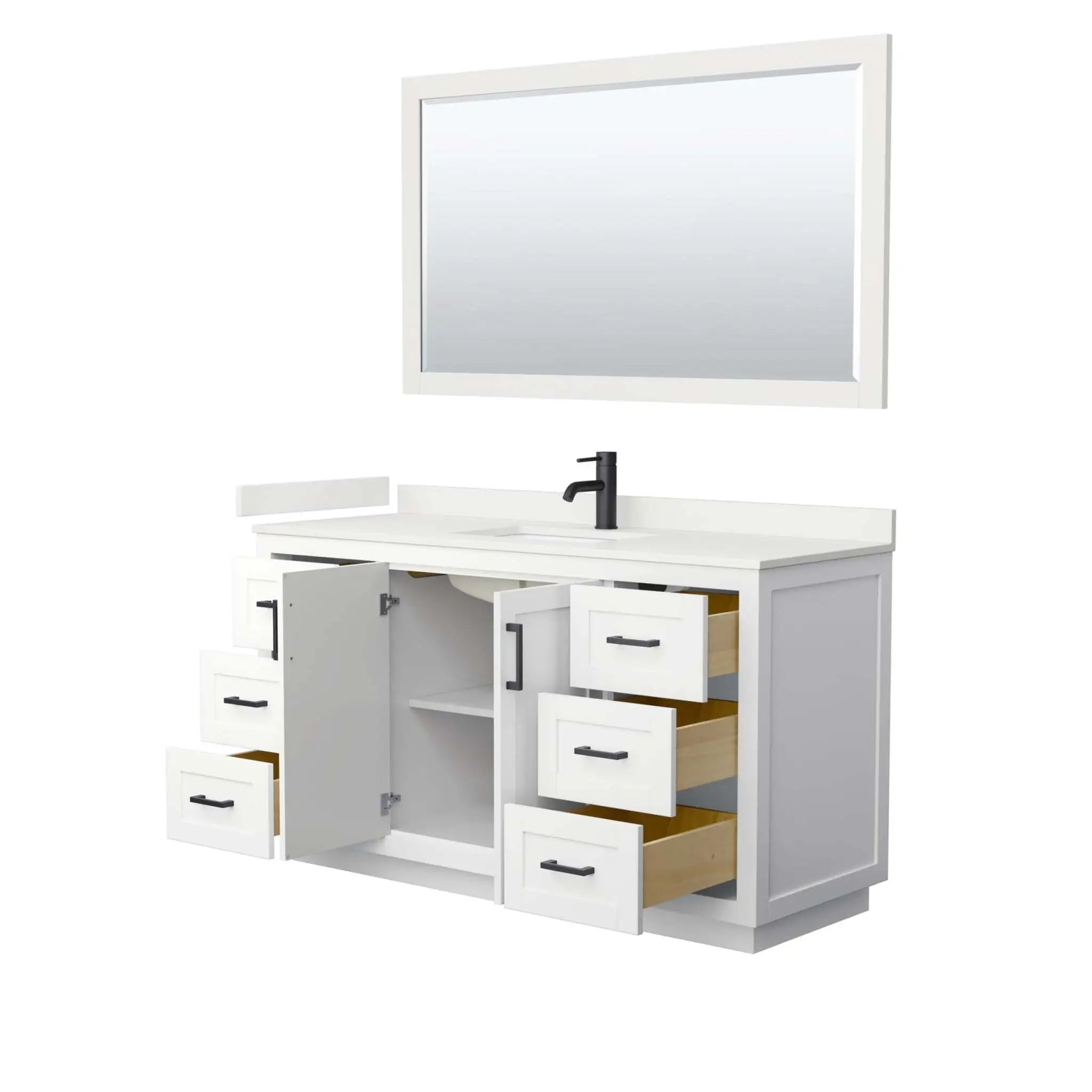 60" Miranda Single Bathroom Vanity in White with Matte Black Trim & 58" Mirror by Wyndham