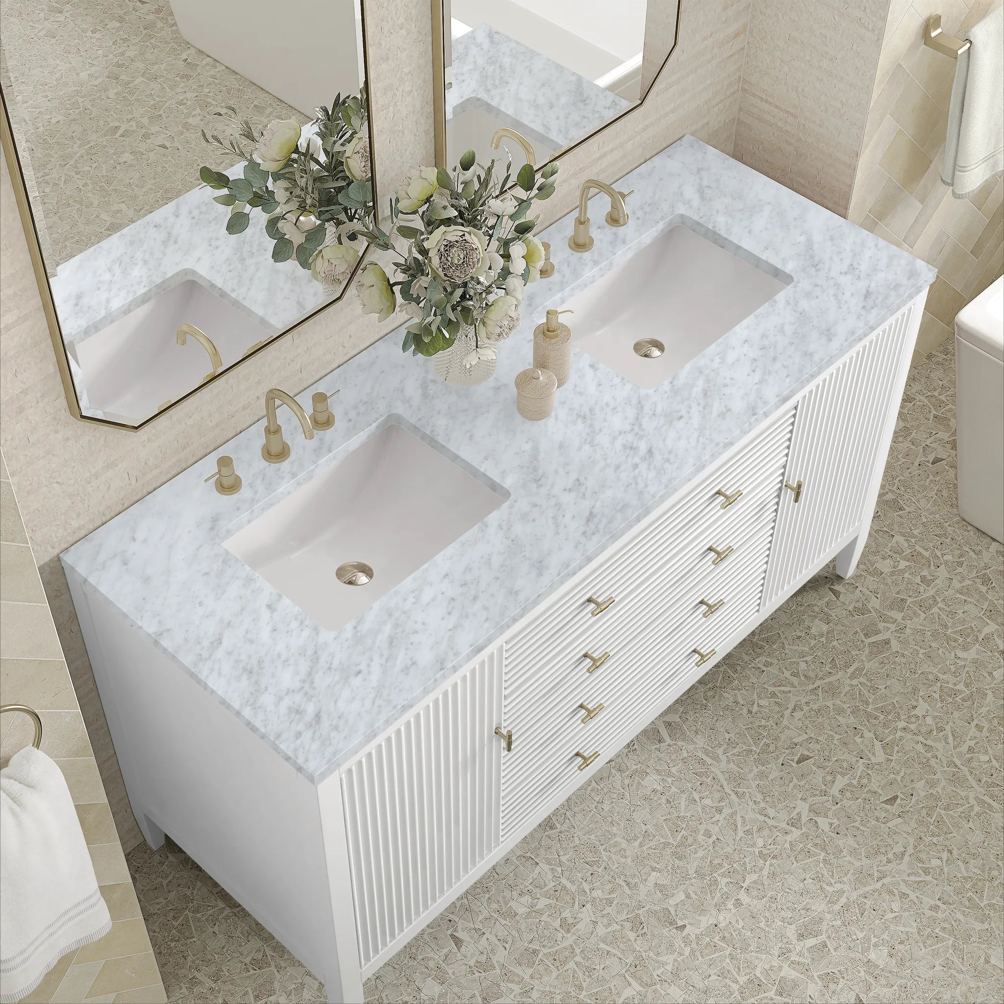 60" Myrrin Double Vanity in Bright White-Carrara White Marble-8" Widespread image 6