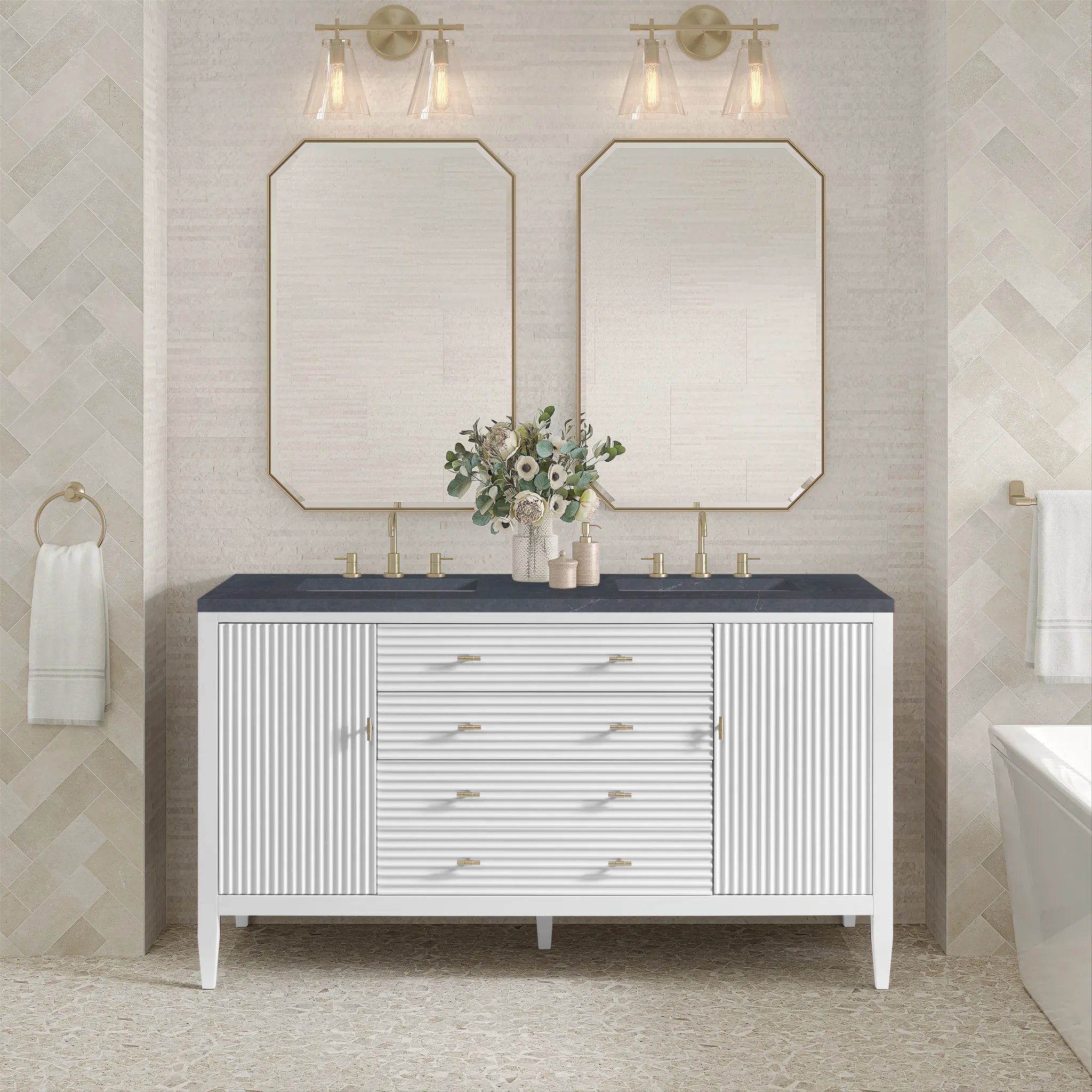 60" Myrrin Double Vanity in Bright White-Charcoal Soapstone Silestone-8" Widespread image 2