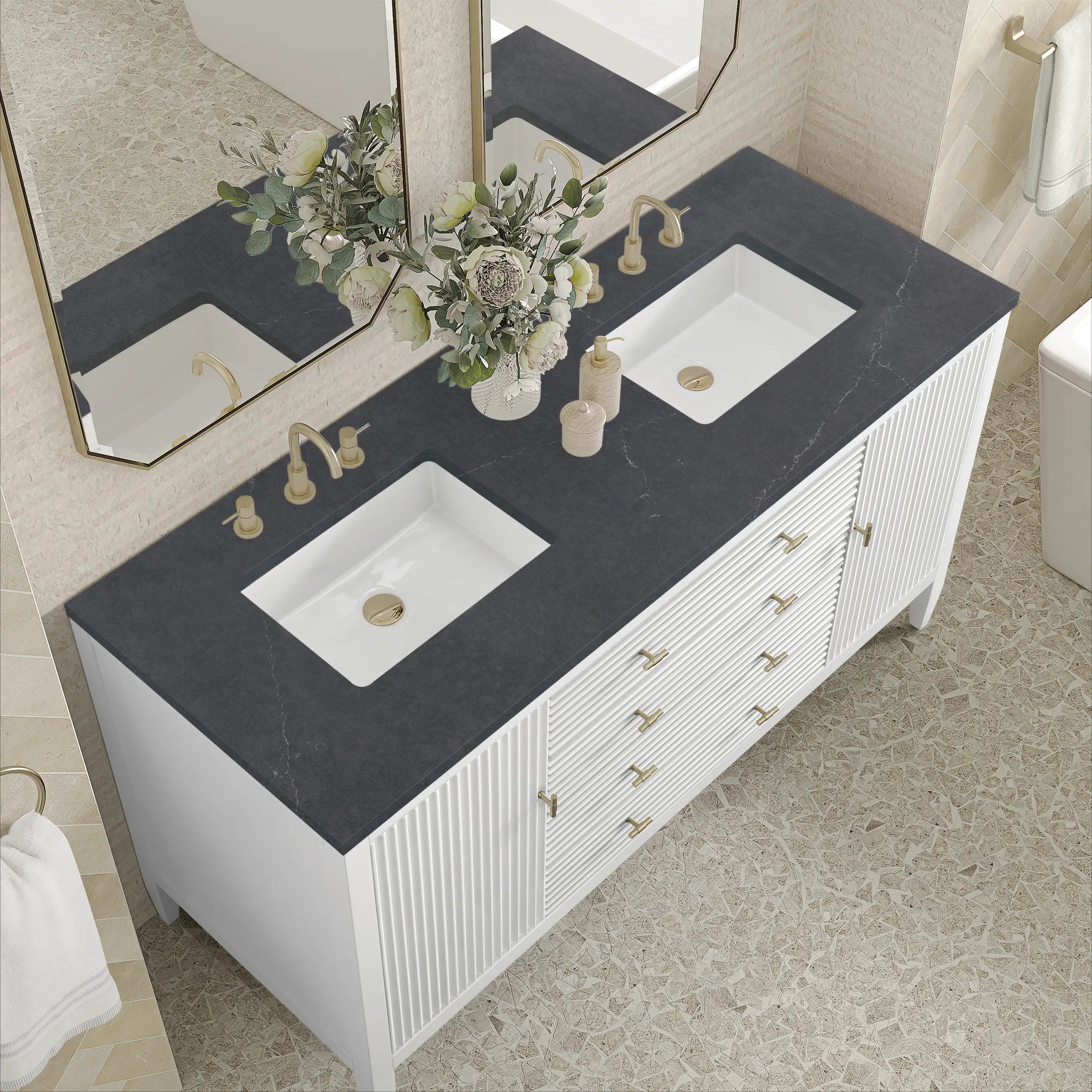 60" Myrrin Double Vanity in Bright White-Charcoal Soapstone Silestone-8" Widespread image 6