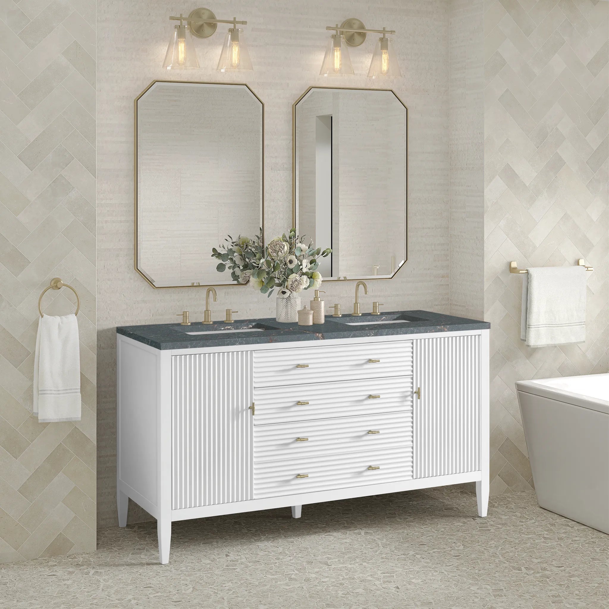 60" Myrrin Double Vanity in Bright White-Parisien Bleu Silestone-8" Widespread image 3