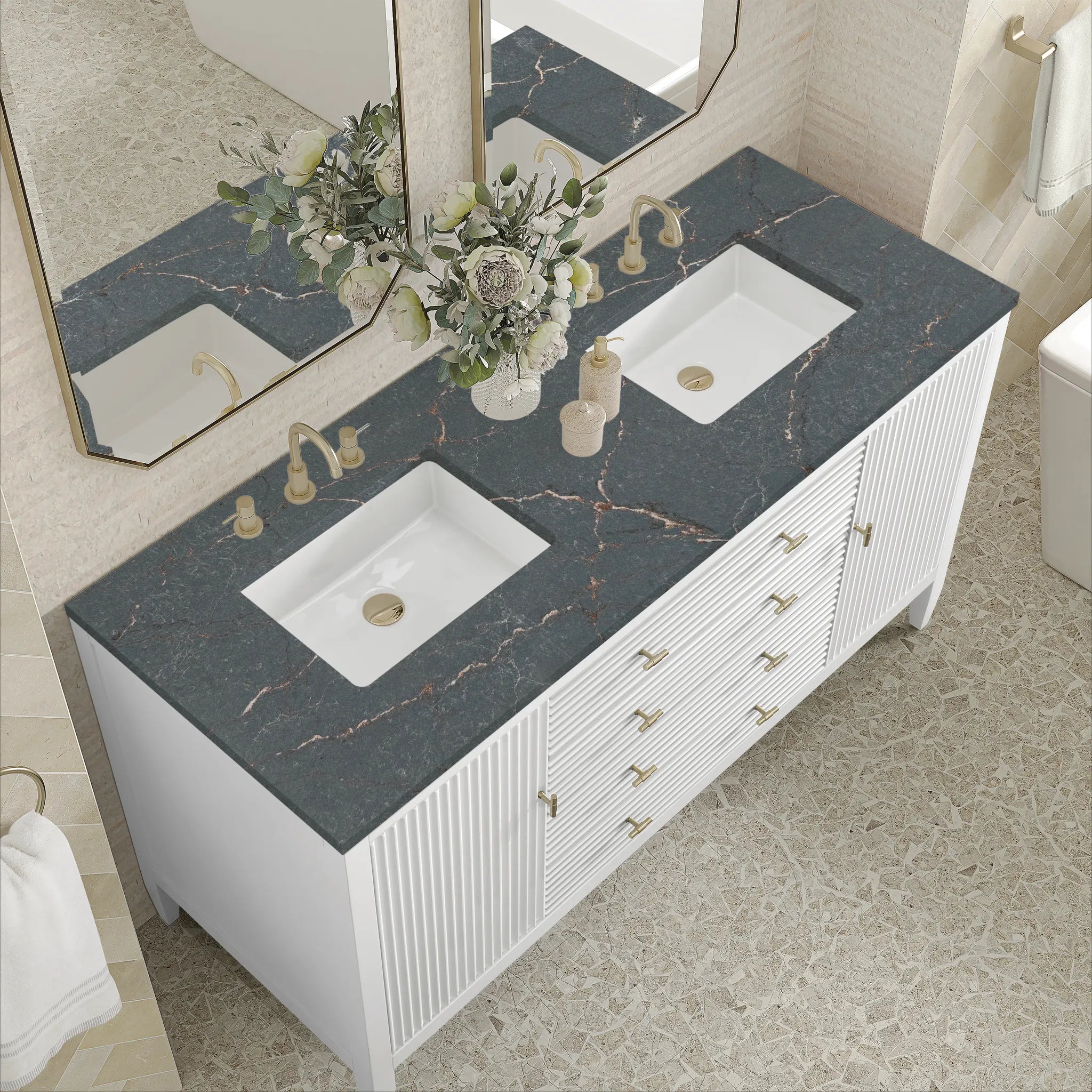 60" Myrrin Double Vanity in Bright White-Parisien Bleu Silestone-8" Widespread image 6