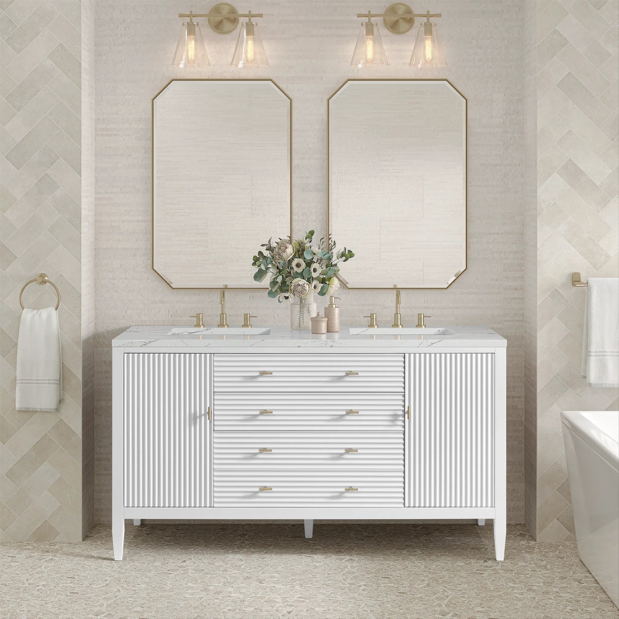 60" Myrrin Double Vanity in Bright White w/FreePower Wireless Charger-Ethereal Noctis Silestone-8" Widespread image 5