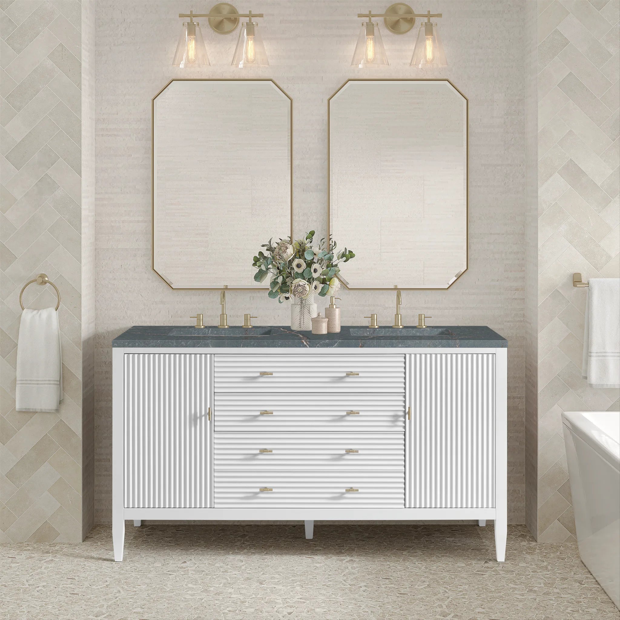 60" Myrrin Double Vanity in Bright White w/FreePower Wireless Charger-Parisien Bleu Silestone-8" Widespread image 5