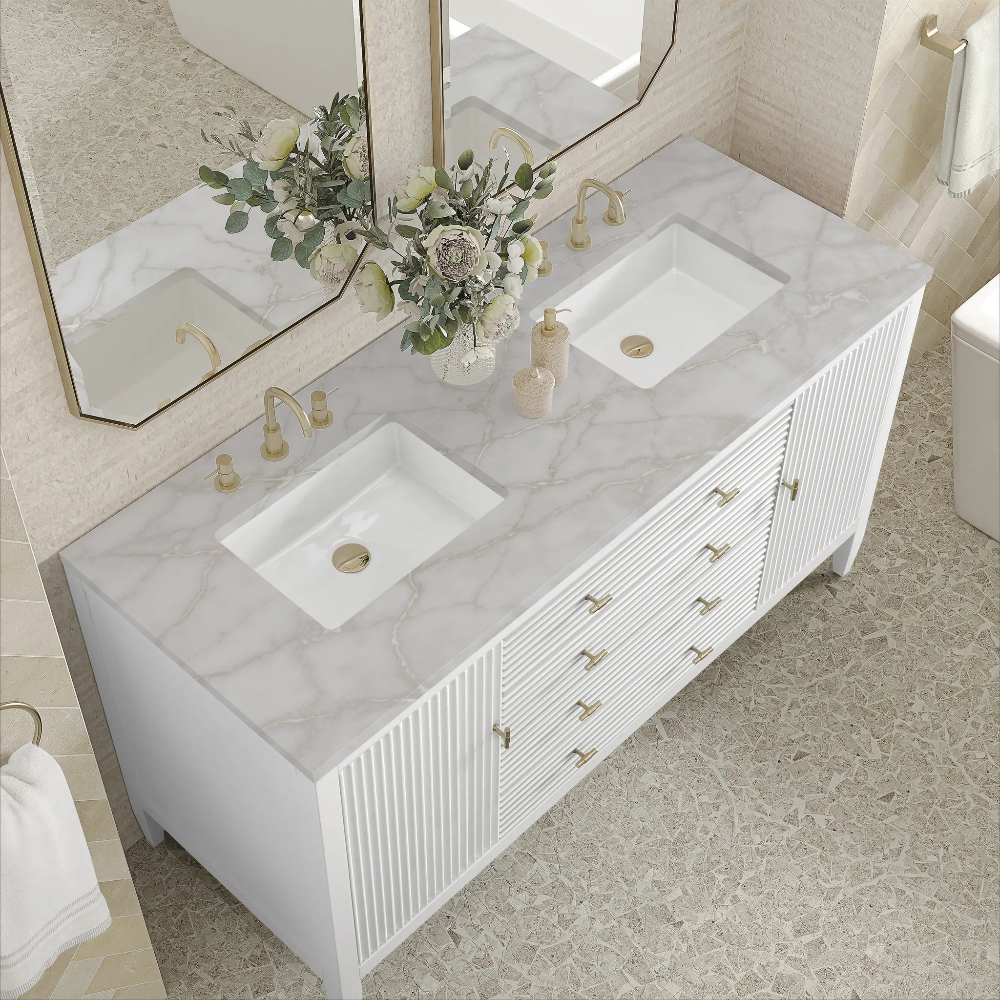 60" Myrrin Double Vanity in Bright White w/FreePower Wireless Charger-Victorian Silver Silestone-8" Widespread image 9